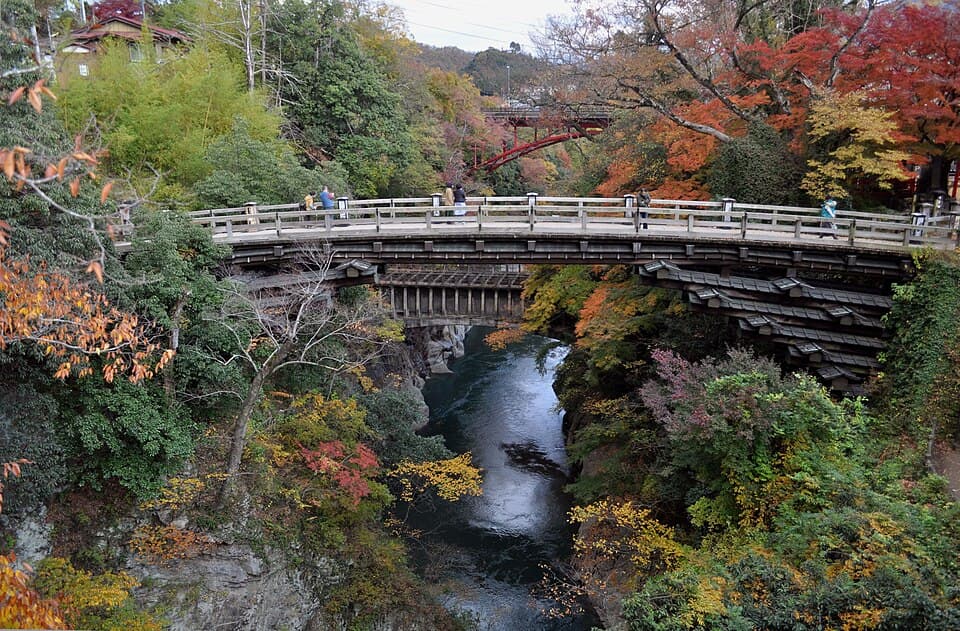 橋脚のない日本三奇橋を渡って渓谷の眺めを楽しむ