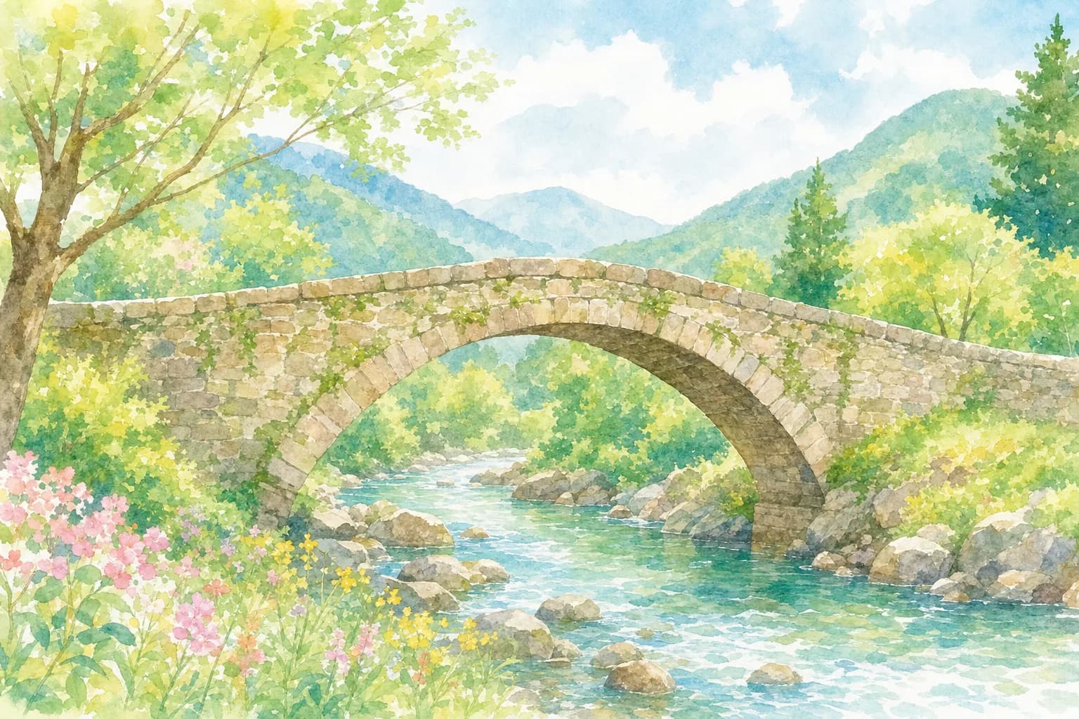 三徳川に架かる歴史ある橋で記念撮影