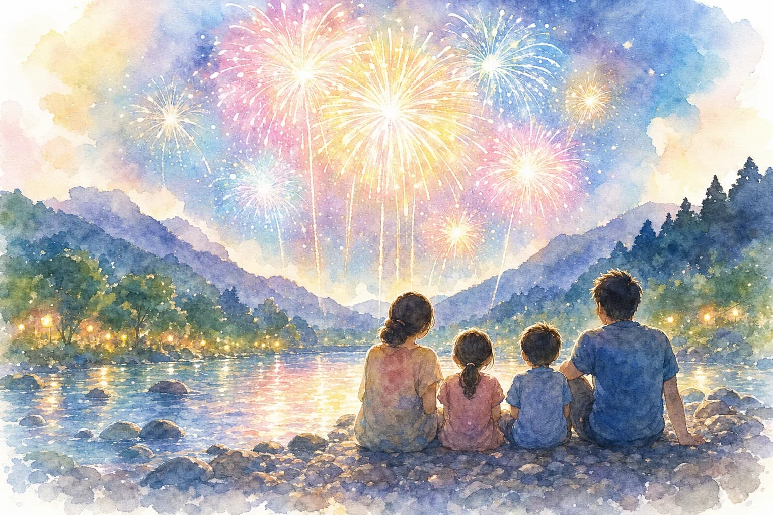 清流のほとりから短くも美しい花火を観覧
