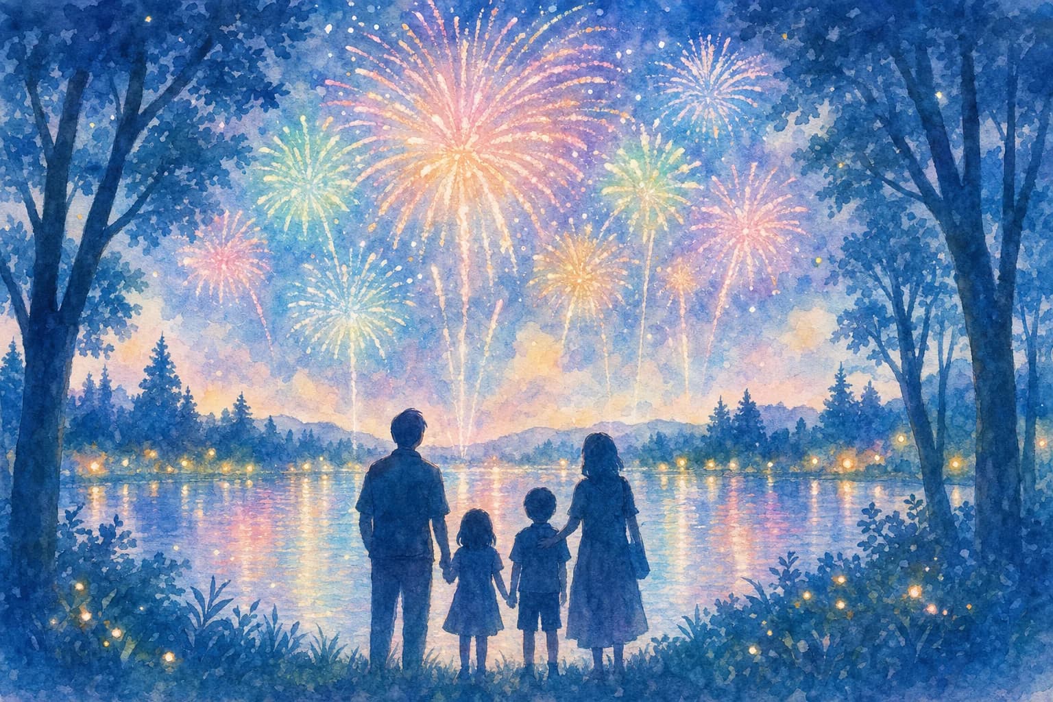 湖と森に囲まれた会場の夜空を彩る花火