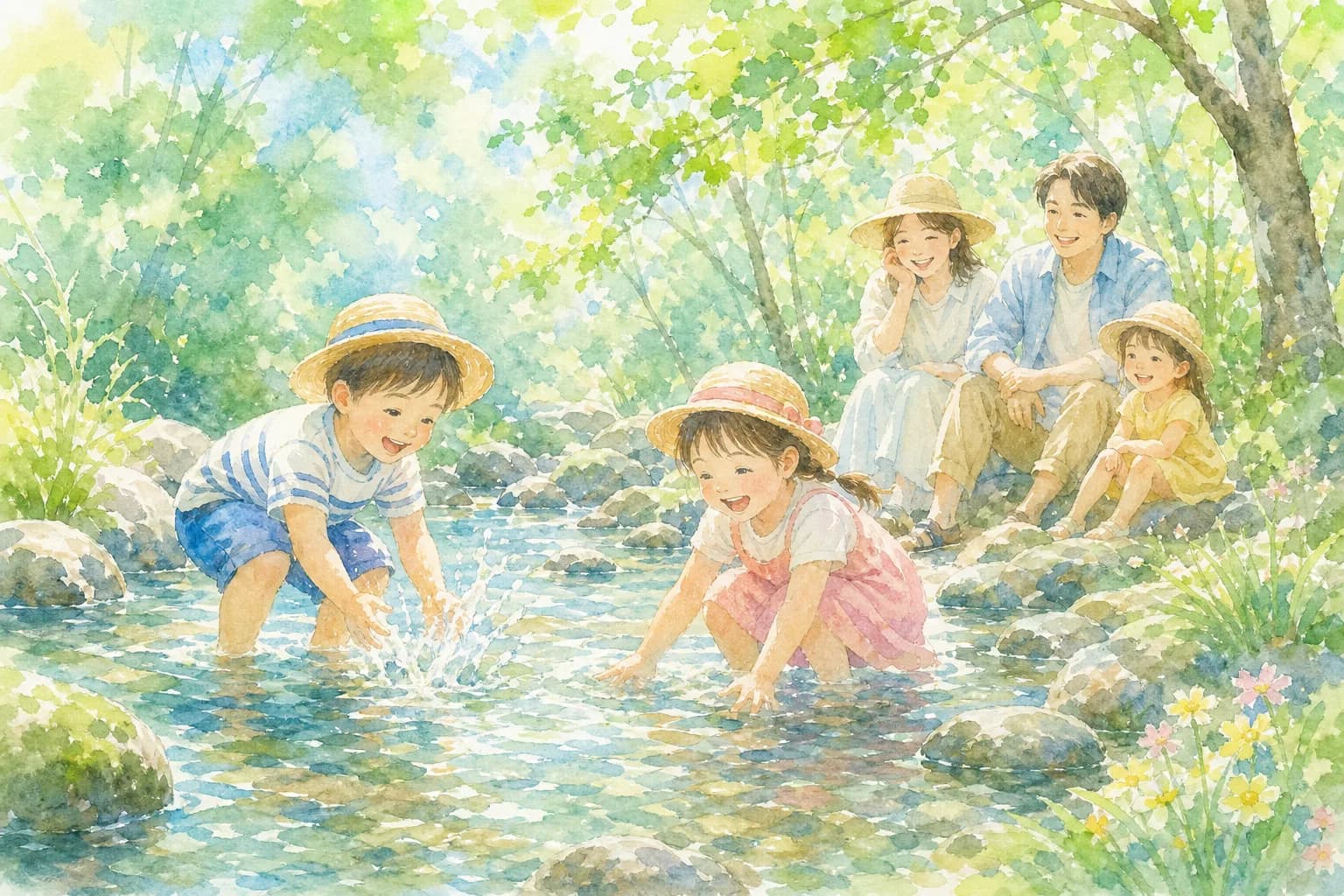 せせらぎで夕方まで水遊びを満喫