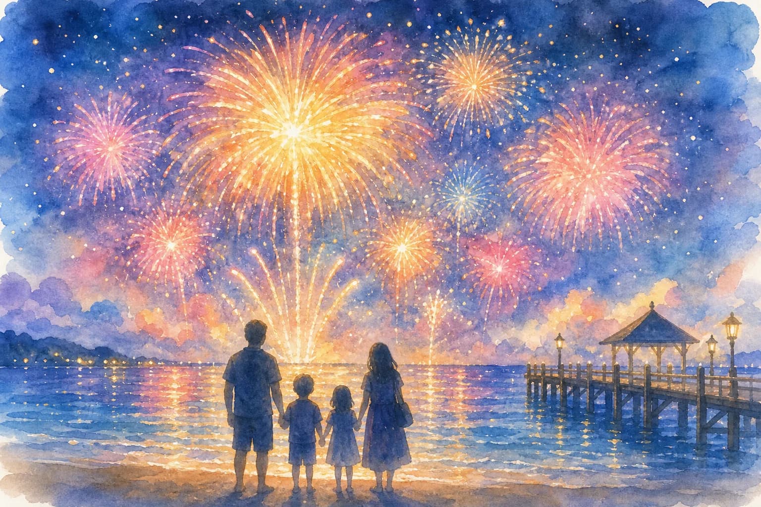 港の桟橋そばから、波音とともに夜空の花火を見上げる