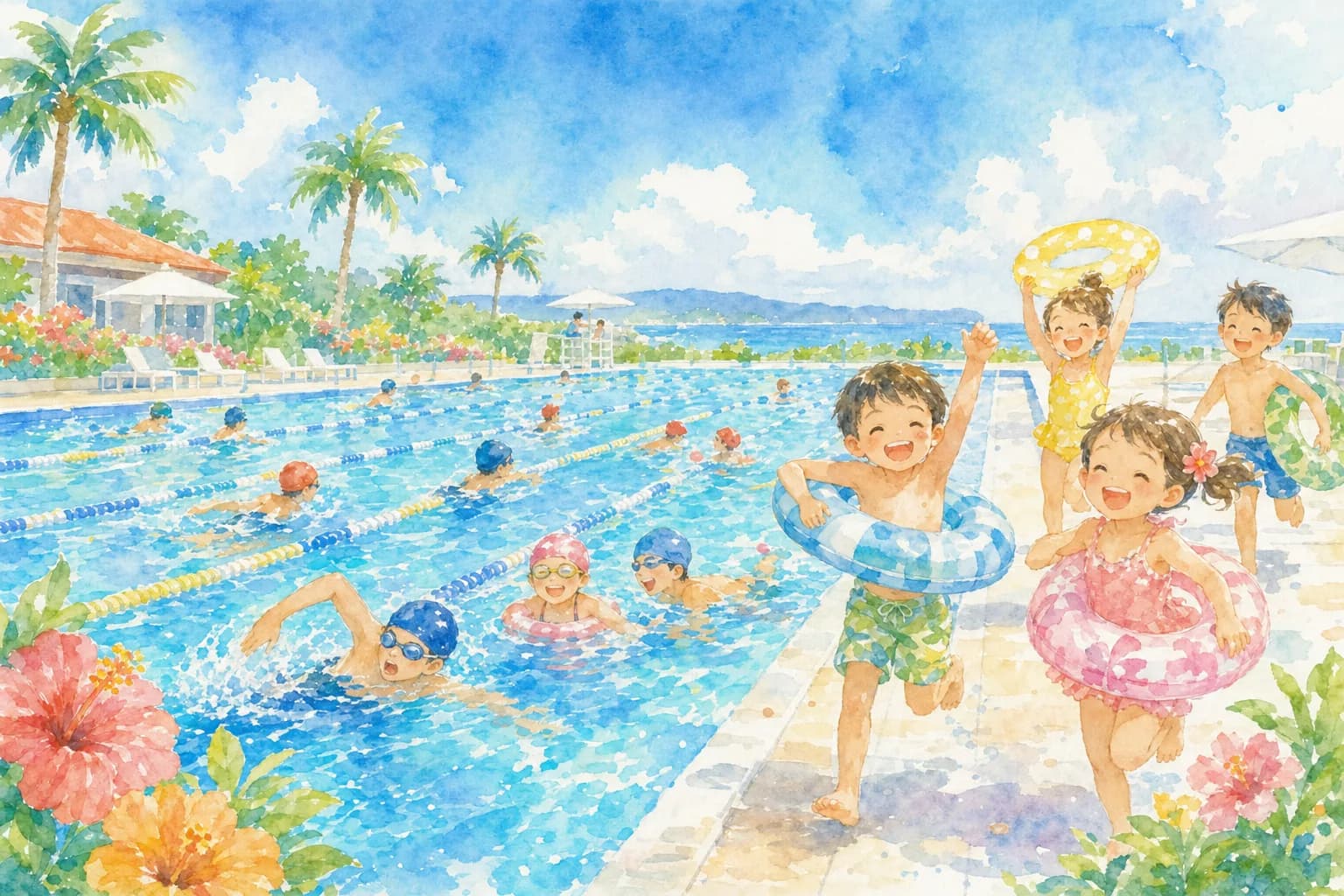 日本水泳連盟公認の屋外50mプールで夕方まで水遊び
