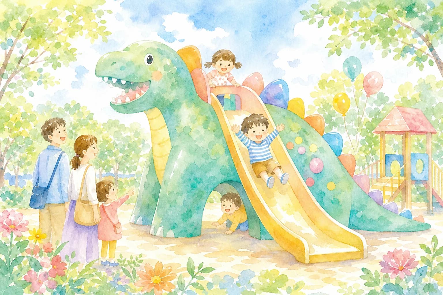恐竜の形をした大型滑り台で朝から遊ぶ