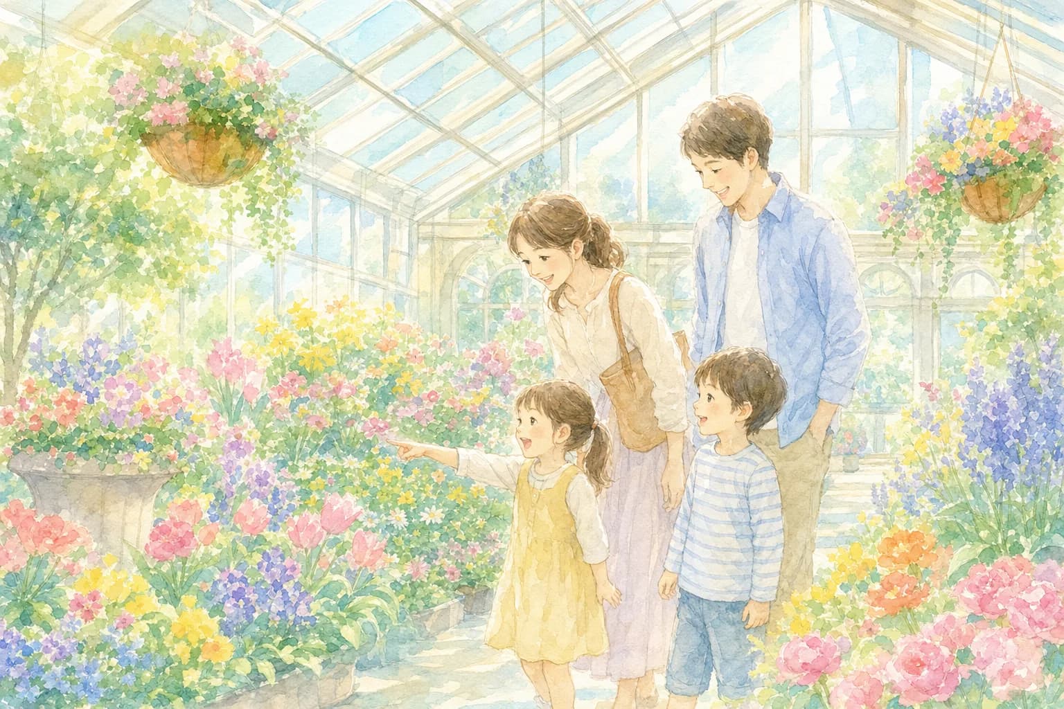 在游泳池前在温室里悠闲地欣赏季节花卉