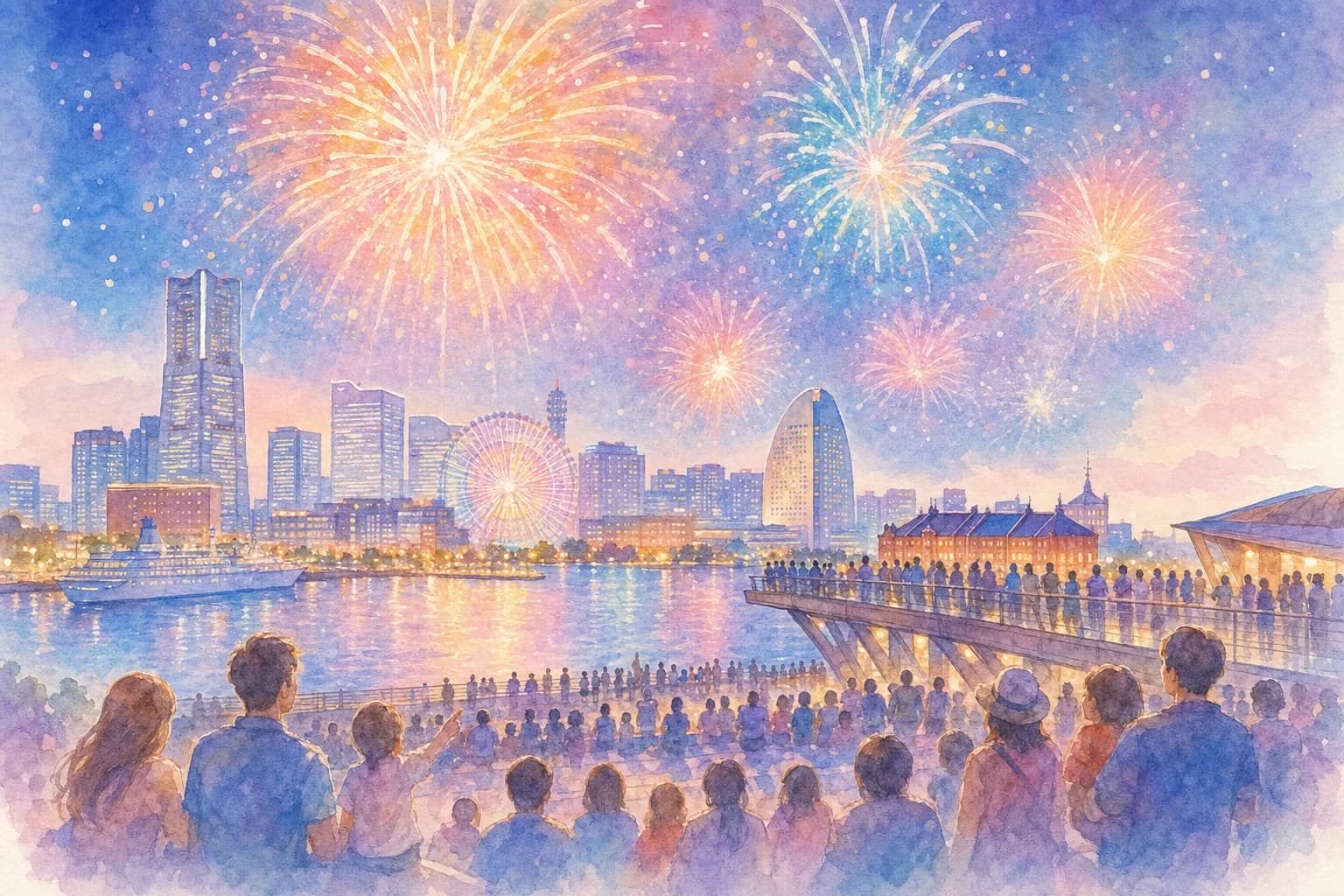 港の夜を彩る約150発の花火を観覧