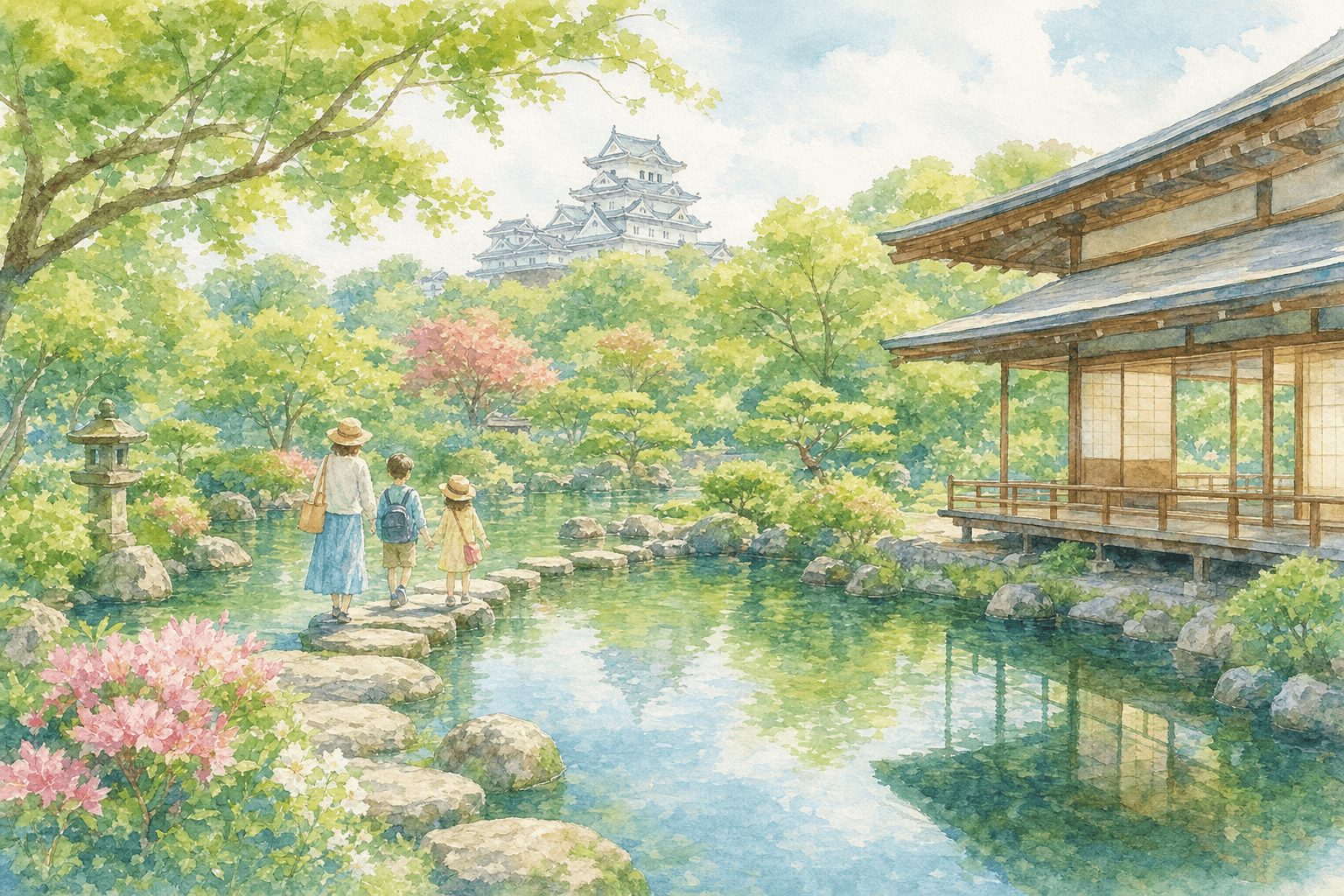 書院から天守を借景に望む池泉回遊式庭園
