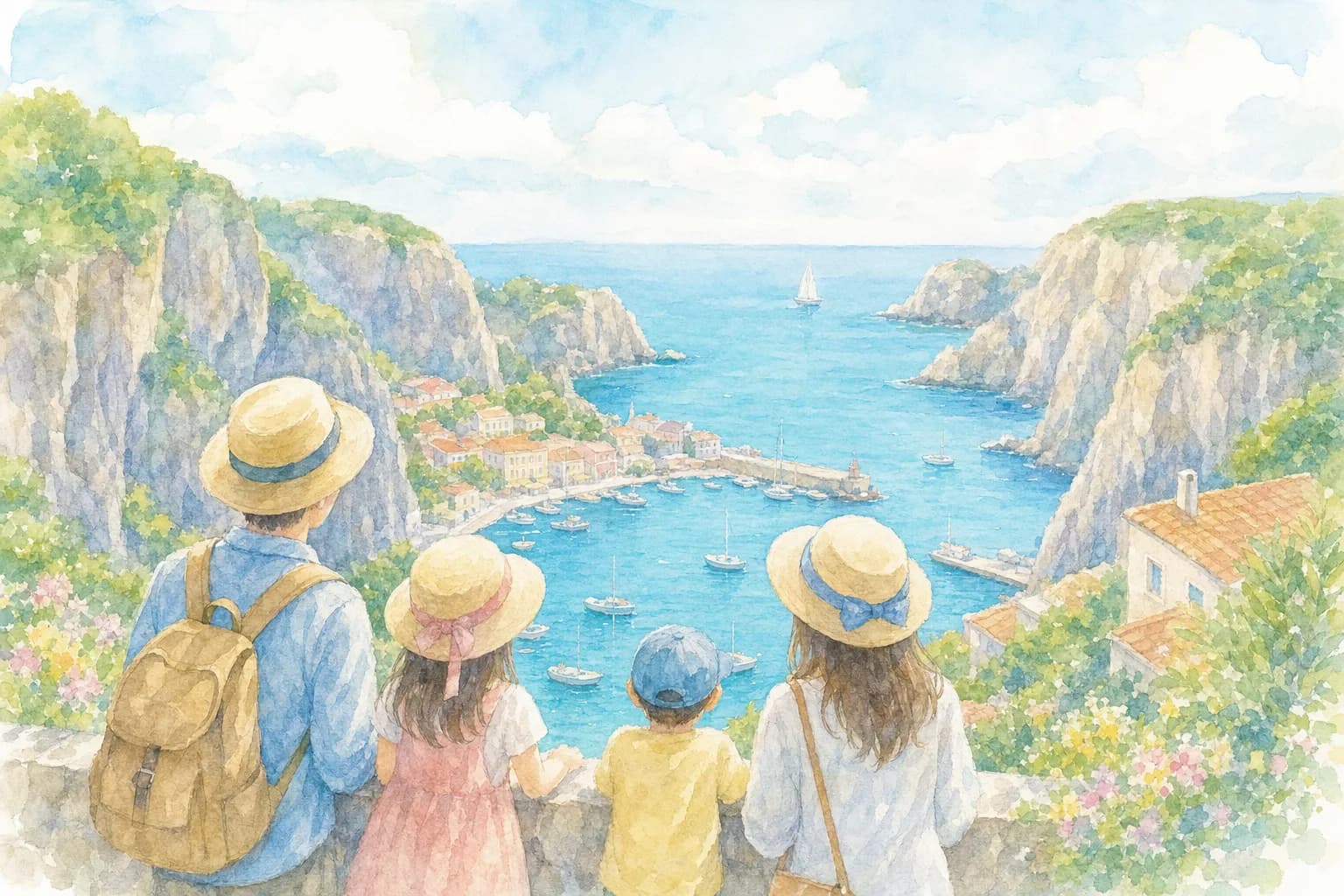 切り立った崖に囲まれた離島の港に到着
