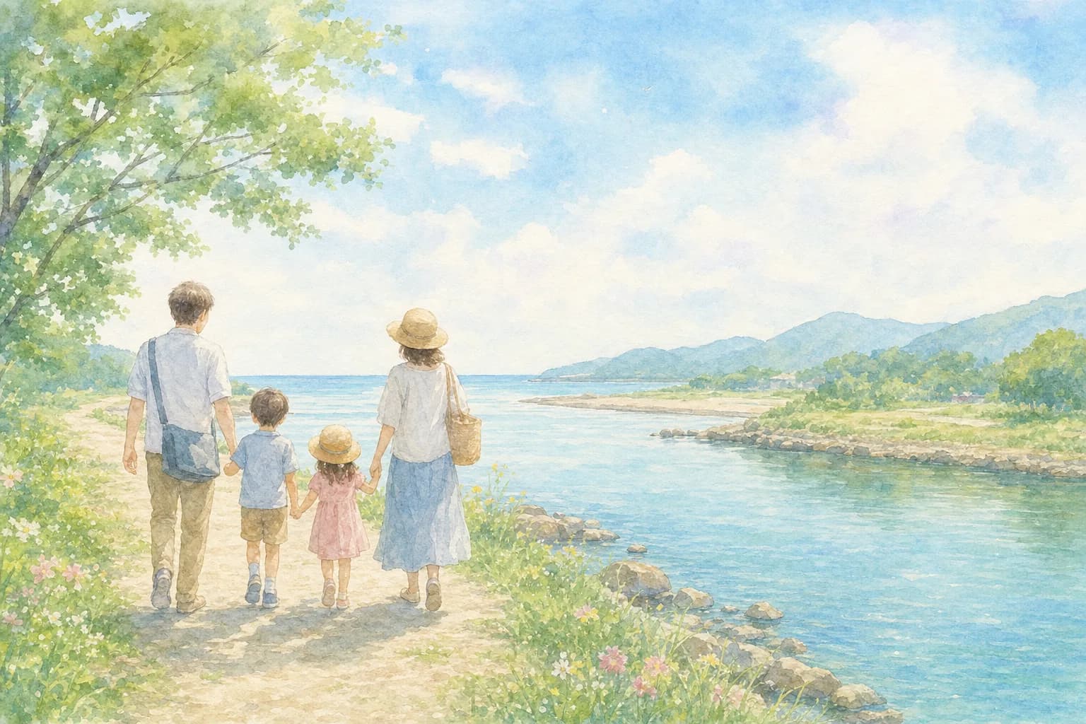 川と海が出会う河口の静かな風景を眺める