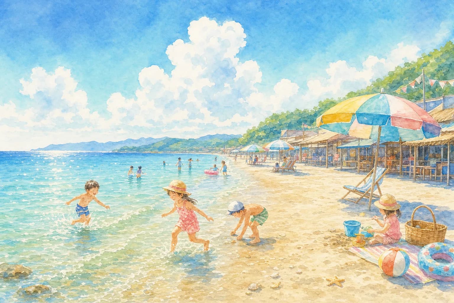 遠浅の砂浜で夕方まで海水浴。浜茶屋も充実
