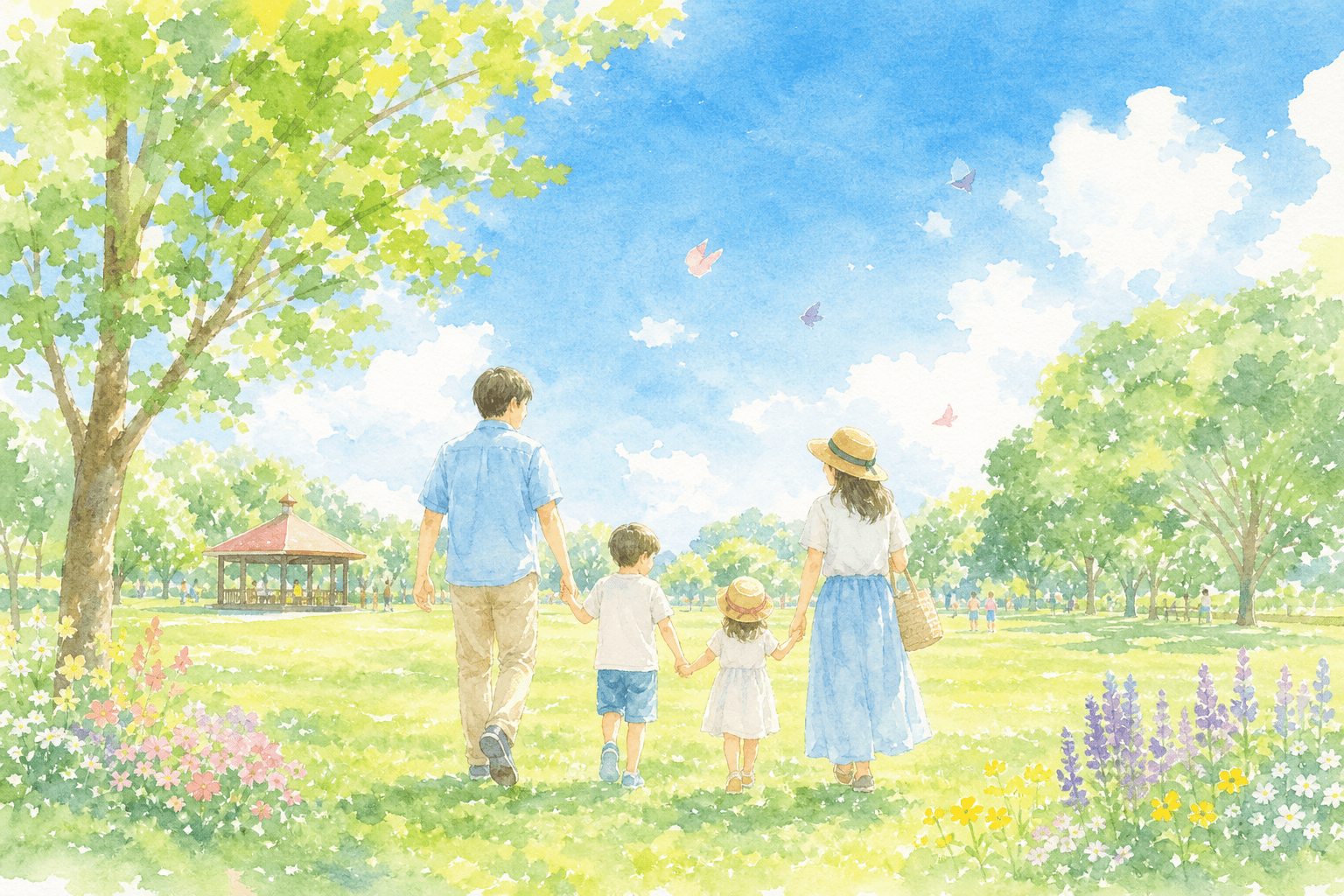 緑豊かな芝生広場でのびのびと過ごす