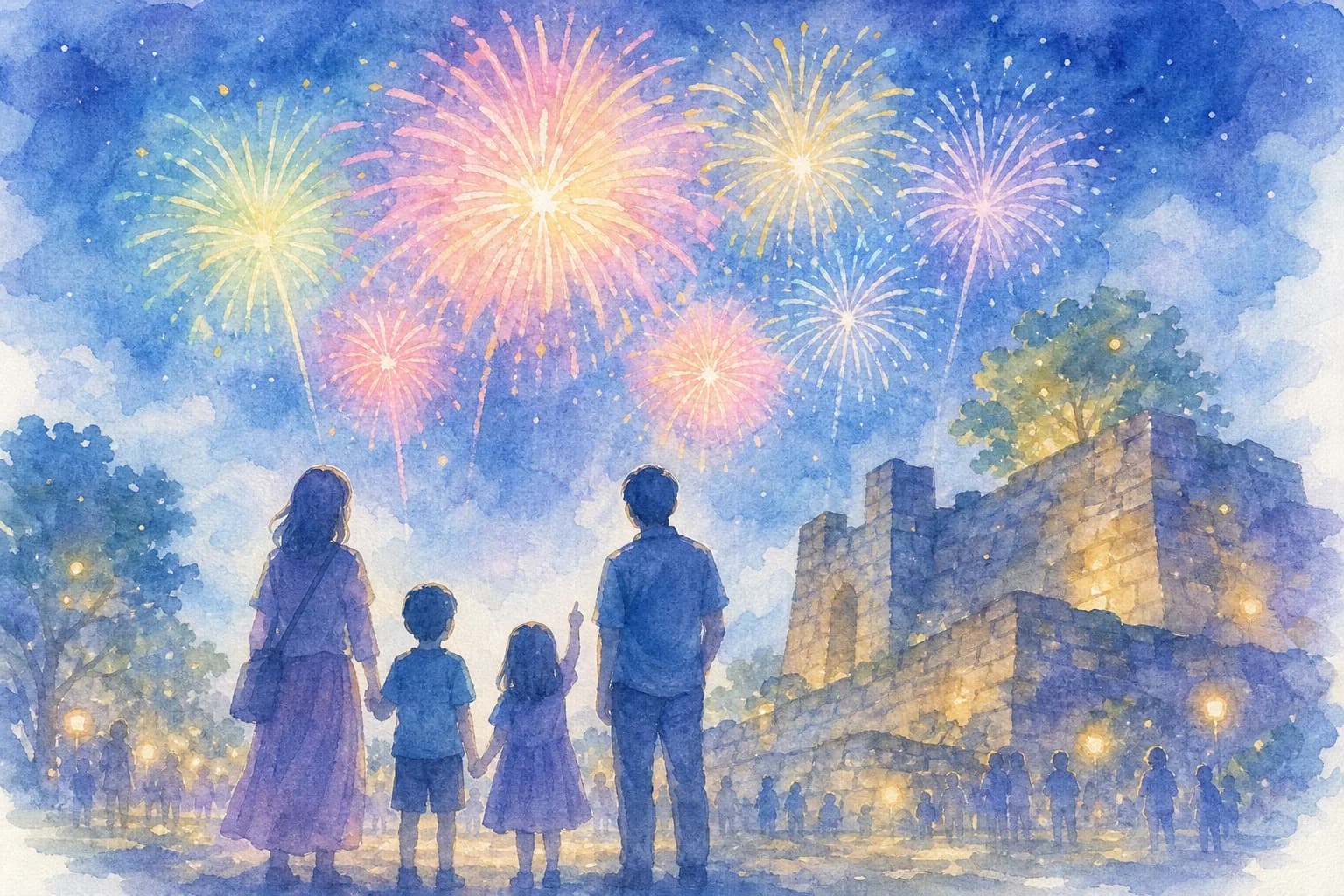 約1,000発の花火が城跡の夜空を彩る