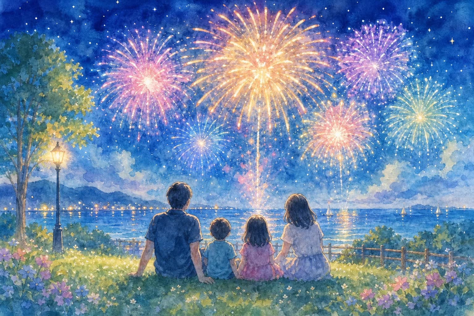 約5,000発の花火を海辺の公園から観覧