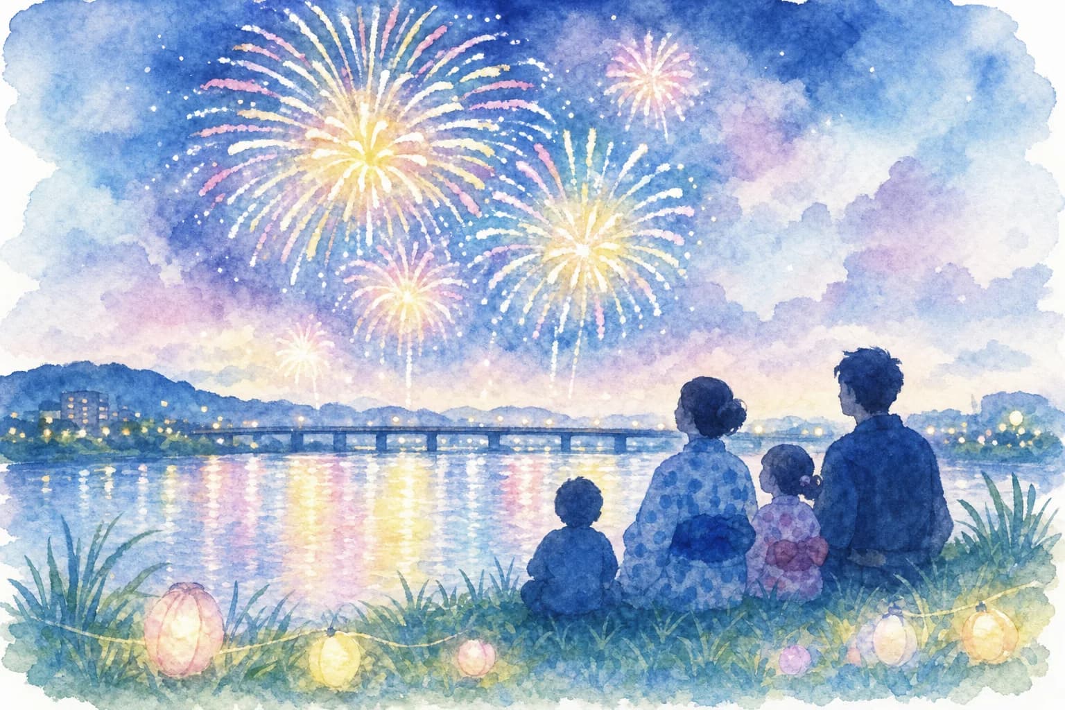 天竜川の川面に映る花火を河川敷から観覧