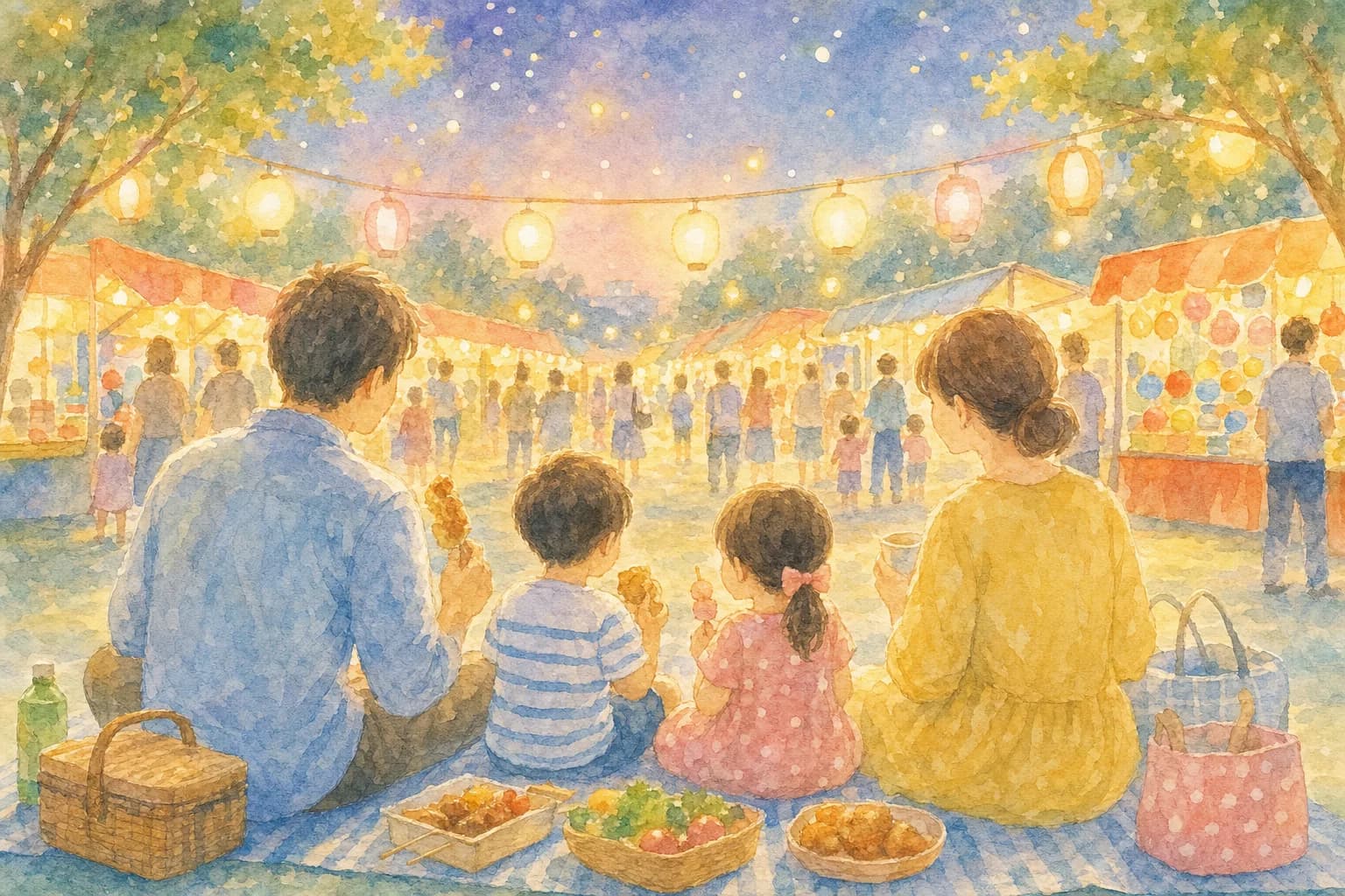 会場で場所を確保、夜店の夕食で腹ごしらえ
