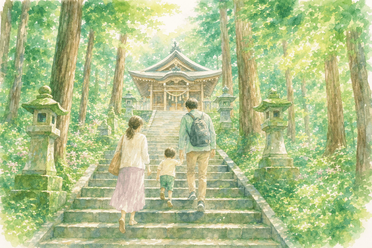 在供奉上杉謙信公的神社為家族旅程的安全祈福