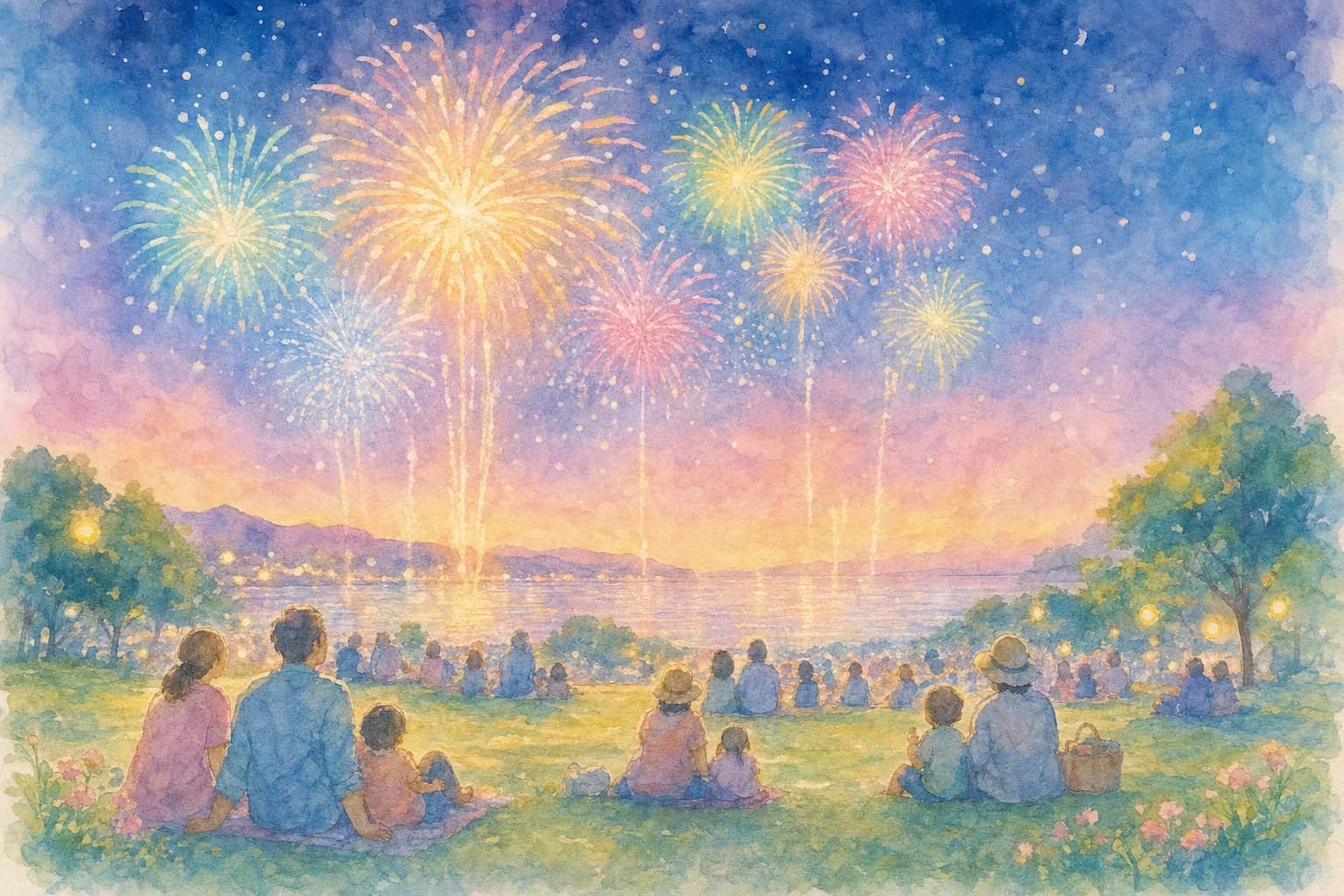 日本海沿いの夜空に上がる花火を公園から観覧