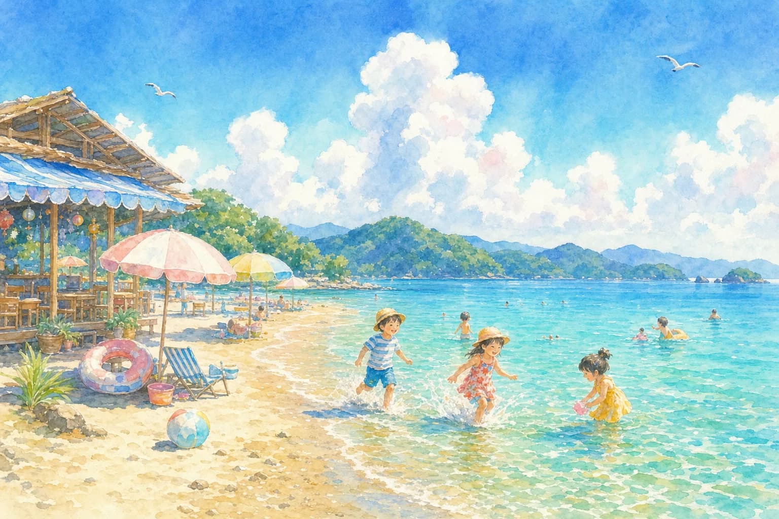 国際認証ブルーフラッグの砂浜で夕方まで海水浴。浜茶屋とAED設置救護所で家族も安心