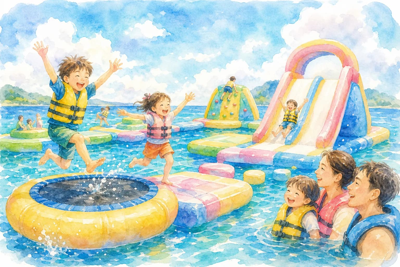 海に浮かぶ水上アスレチックで夕方まで遊び尽くす