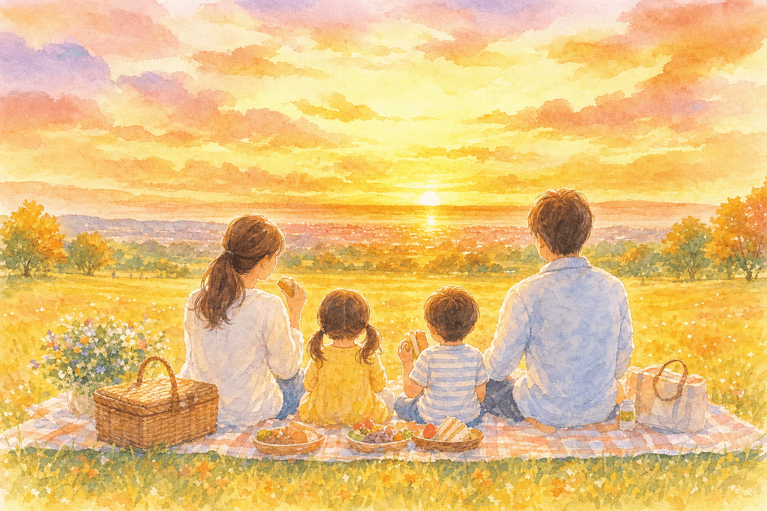 芝生に場所を確保して夕食、夏の夕暮れを楽しみながら開演を待つ