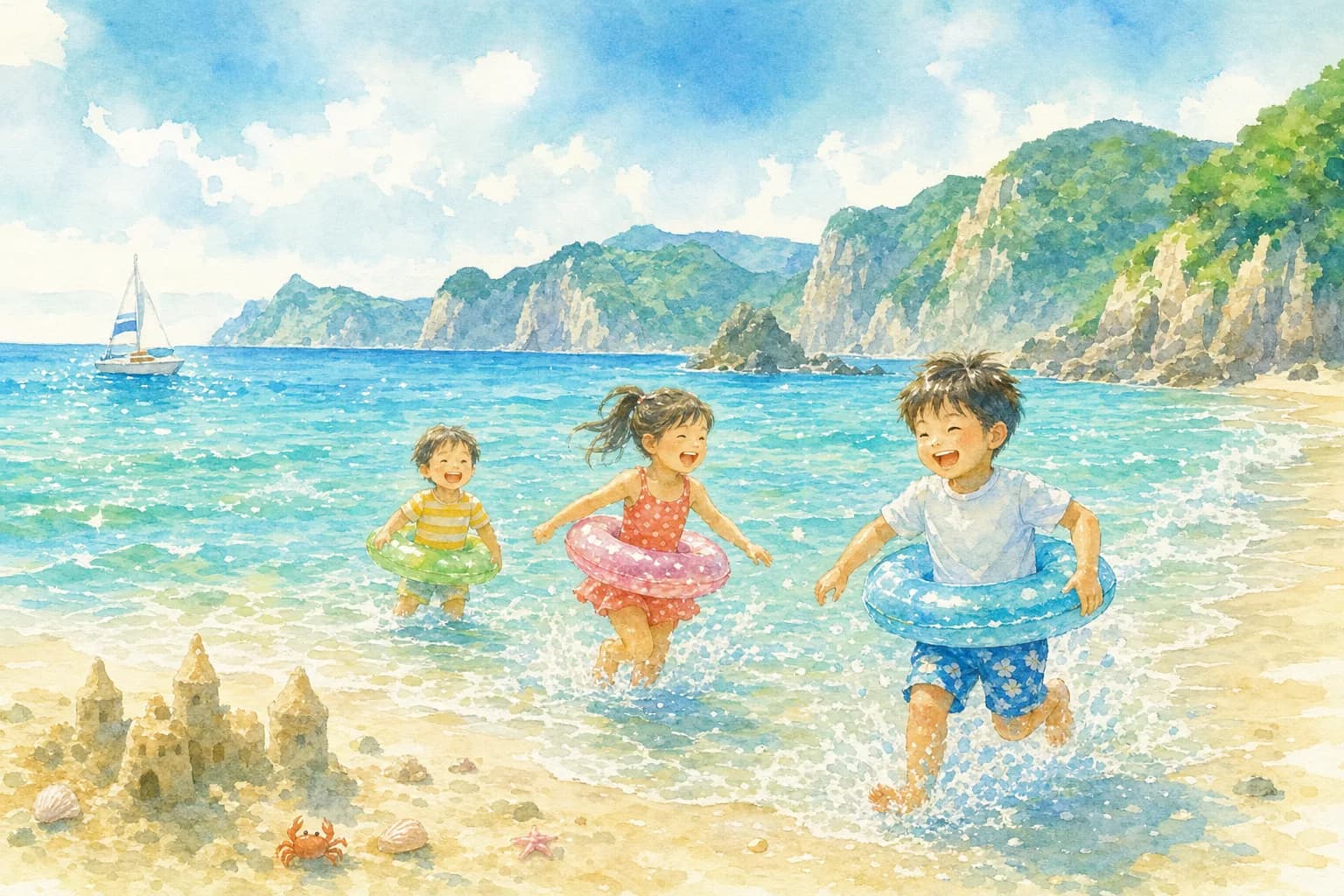 투명도 높은 바다와 하얀 모래사장에서 저녁까지 해수욕. 해변 가옥과 샤워도 완비