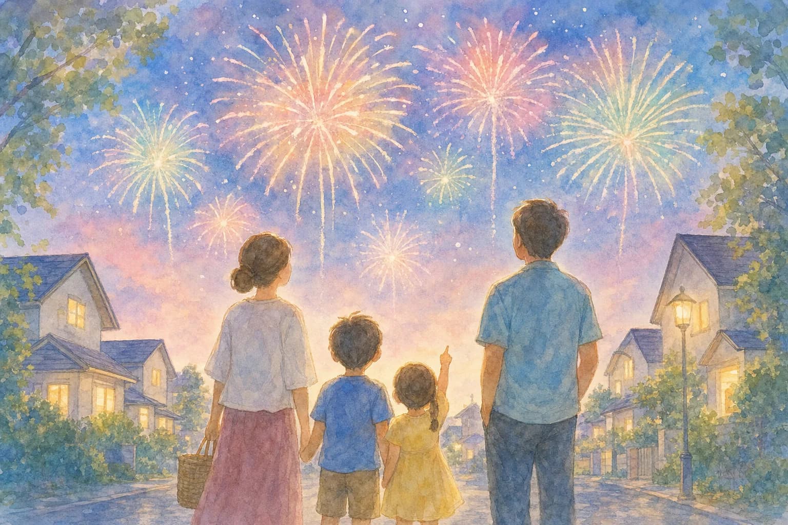 住宅街の夜空を彩る花火を観覧
