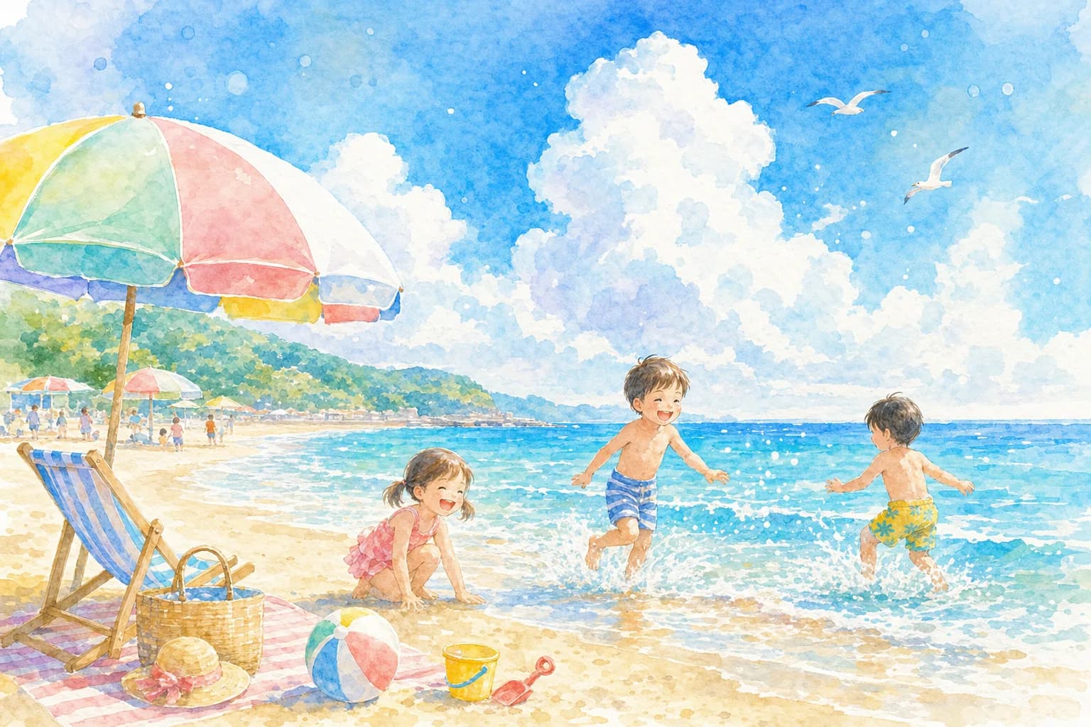 遠浅の砂浜で夕方まで海水浴。監視員常駐で家族も安心
