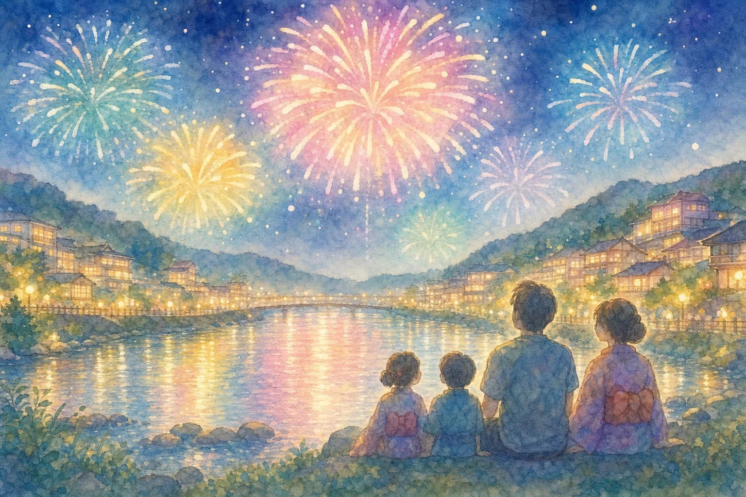 笛吹川の河川敷から花火を見上げる、鵜飼の里の夏の夜