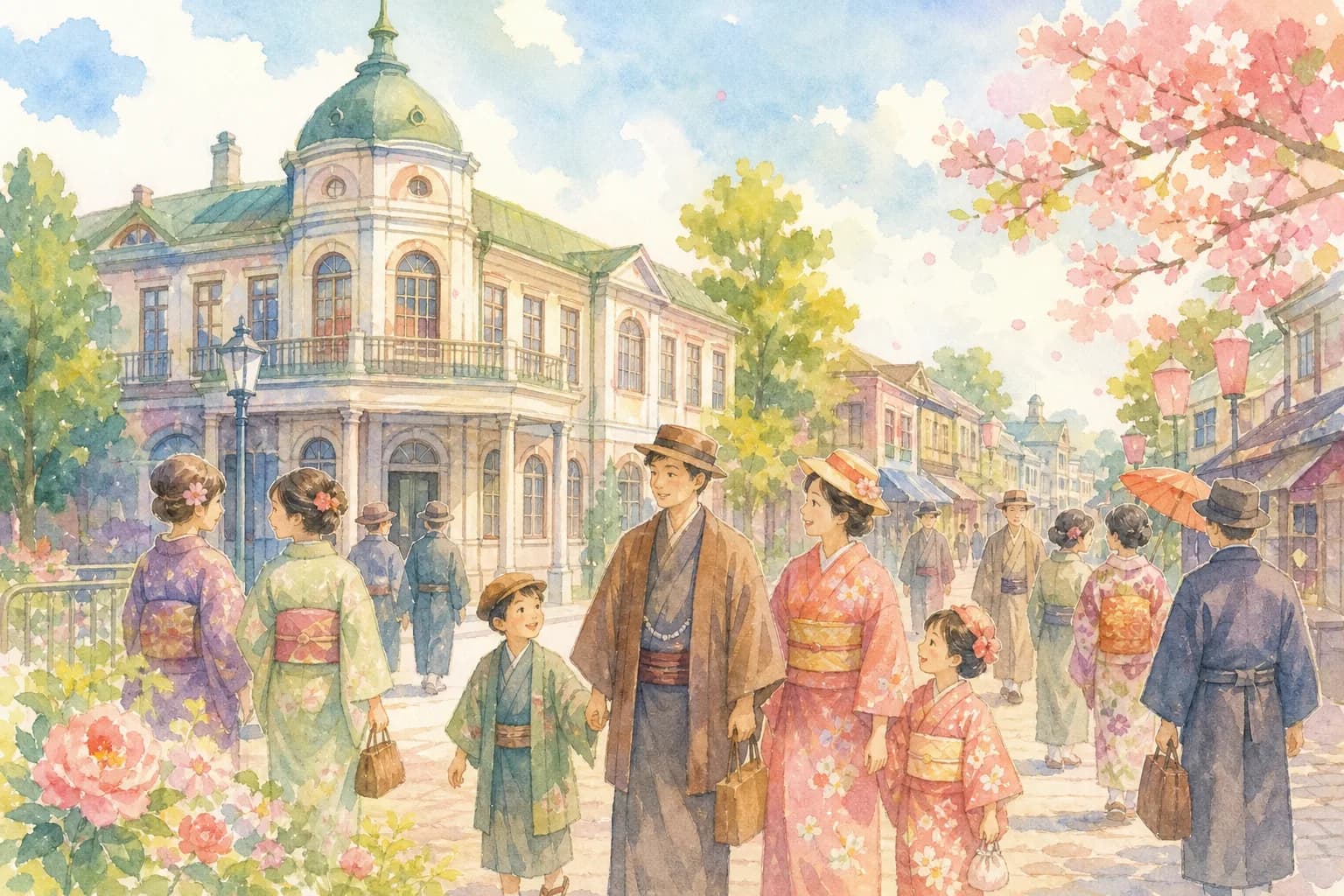 大正時代の街並みを再現したテーマ地区で記念撮影