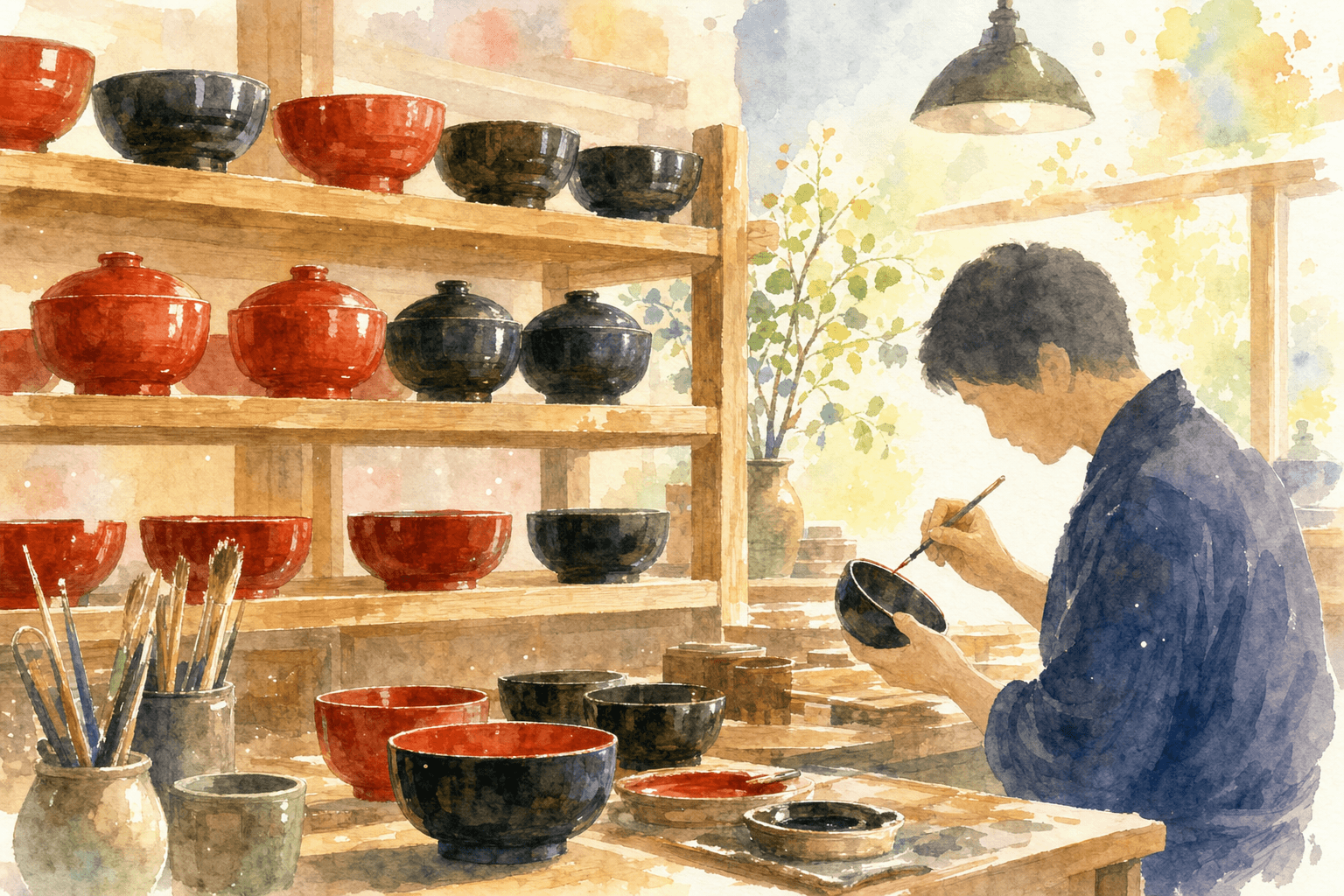 越前漆器の展示と職人工房を見学し、絵付け体験に挑戦