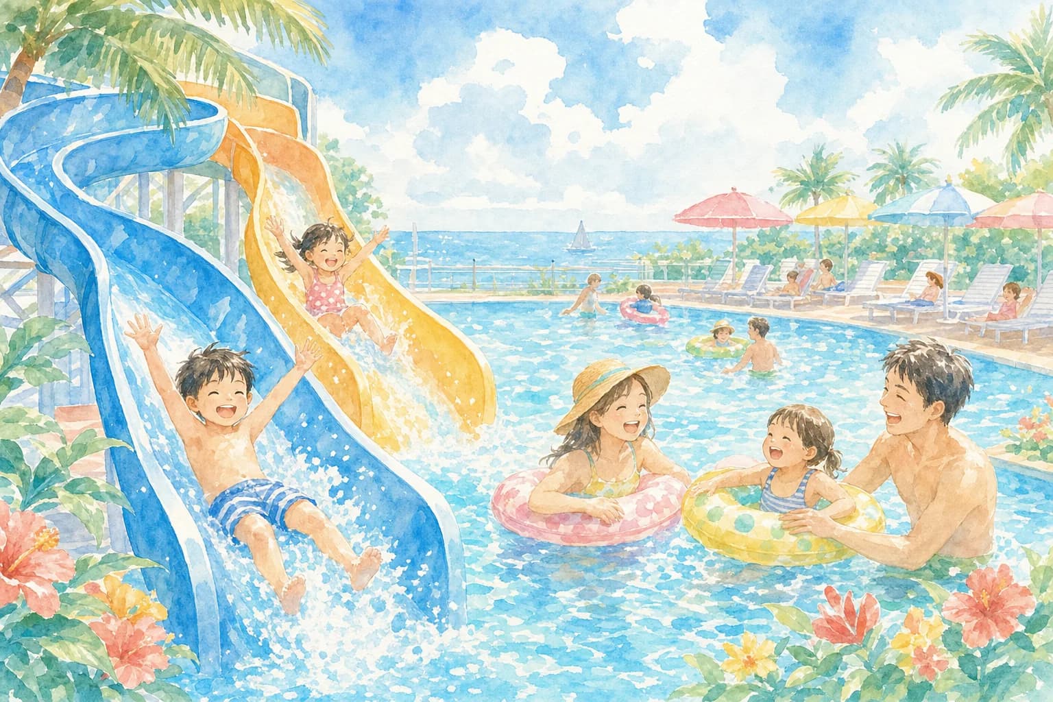 ウォータースライダーを中心に夕方まで水遊びを満喫