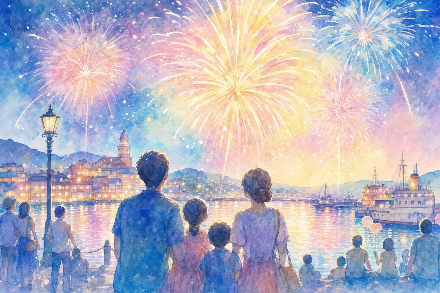 西郷港の夜空を彩る夏の花火祭りを観覧
