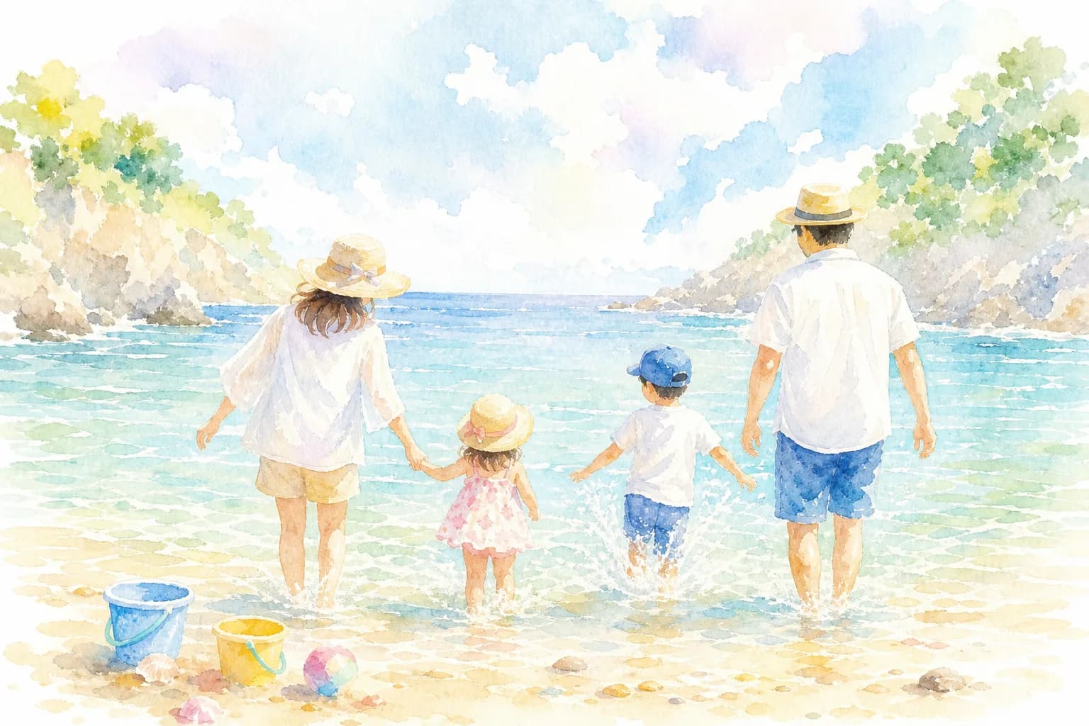 穏やかな海で水遊びを楽しむ