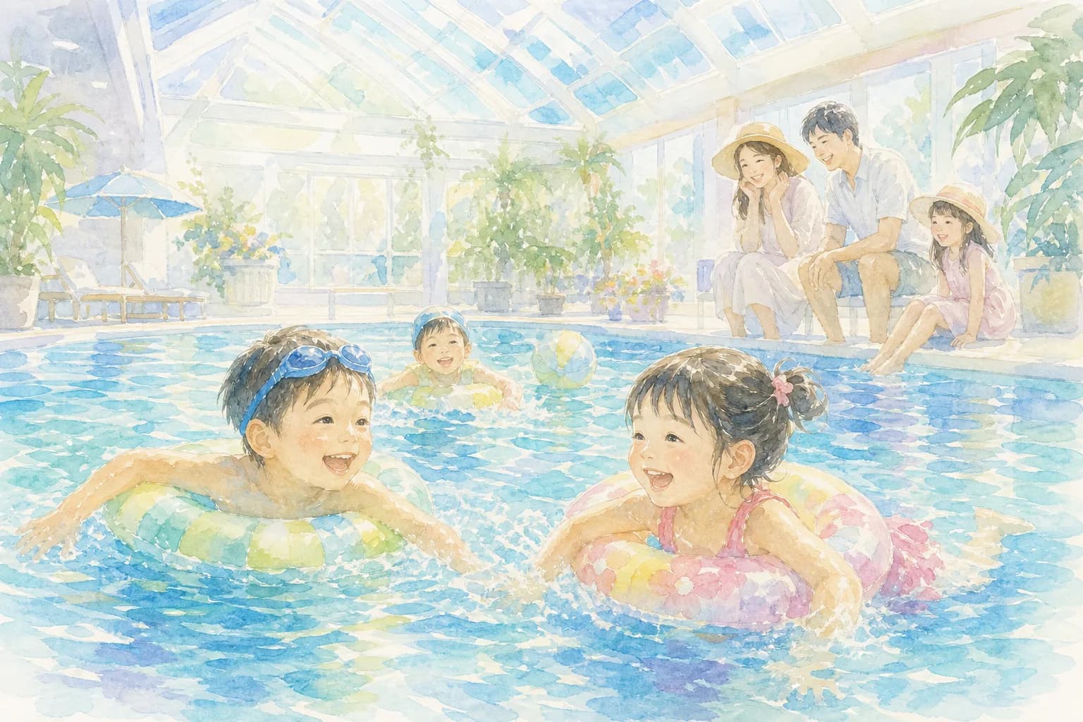 屋内プールで夕方まで水遊び・水泳を満喫