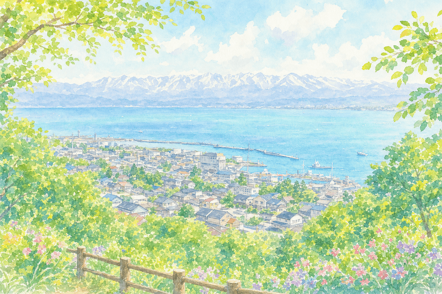 小高い丘から氷見の街と富山湾を一望、花火会場の下見も