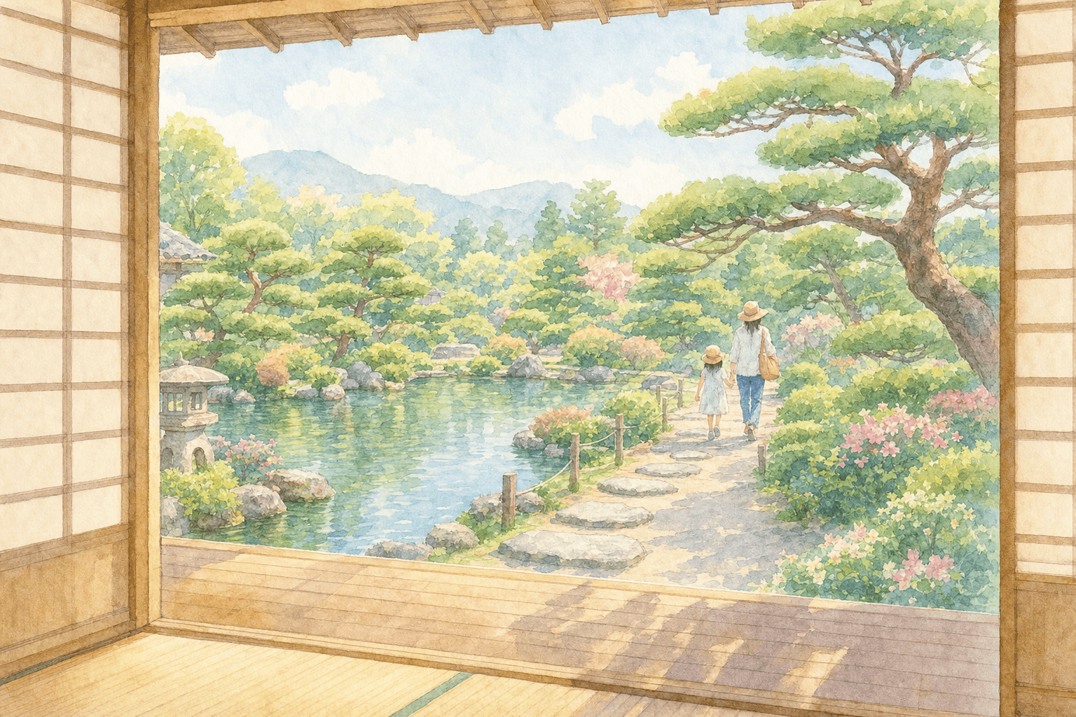 大名庭園の飛び石をたどり、書院から池泉の眺めをゆっくり味わう
