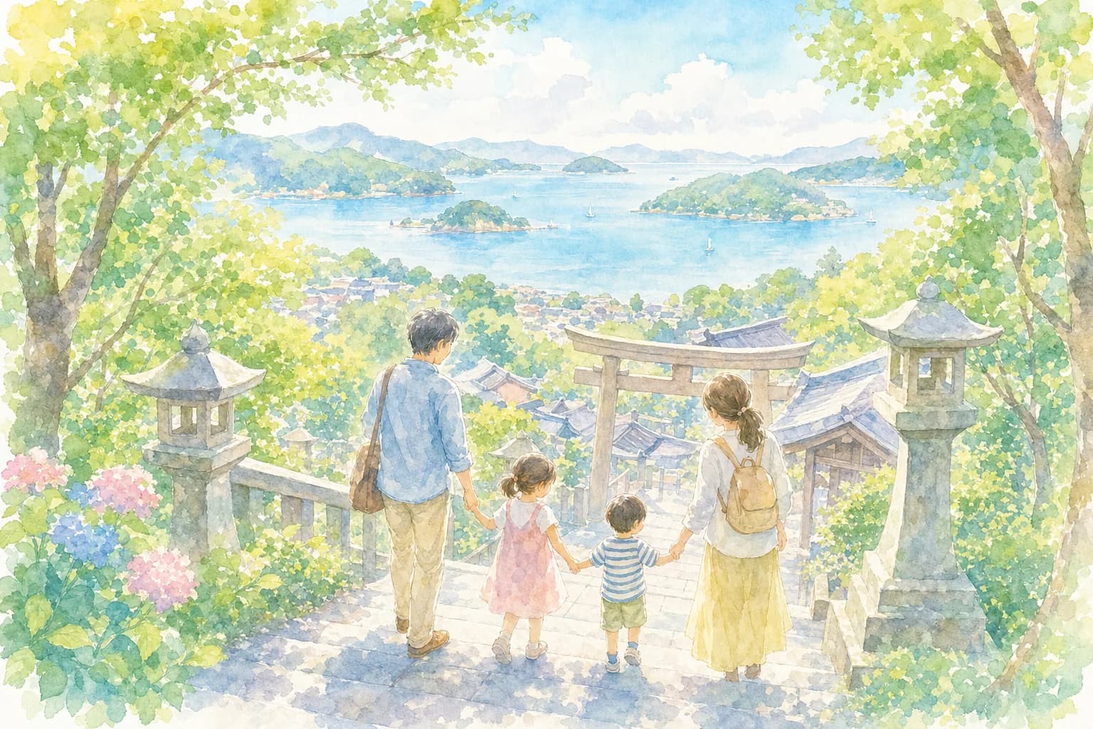瀬戸内海を見渡す高台の公園で1日をスタート