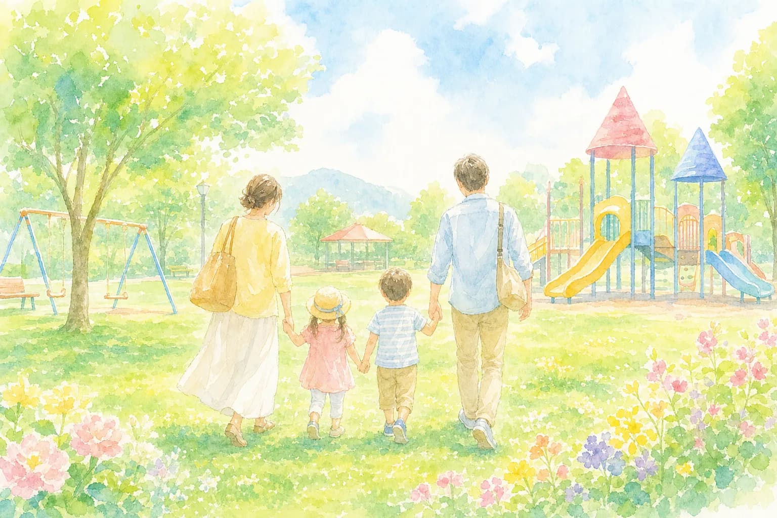 広い公園で体を動かしてひと休み