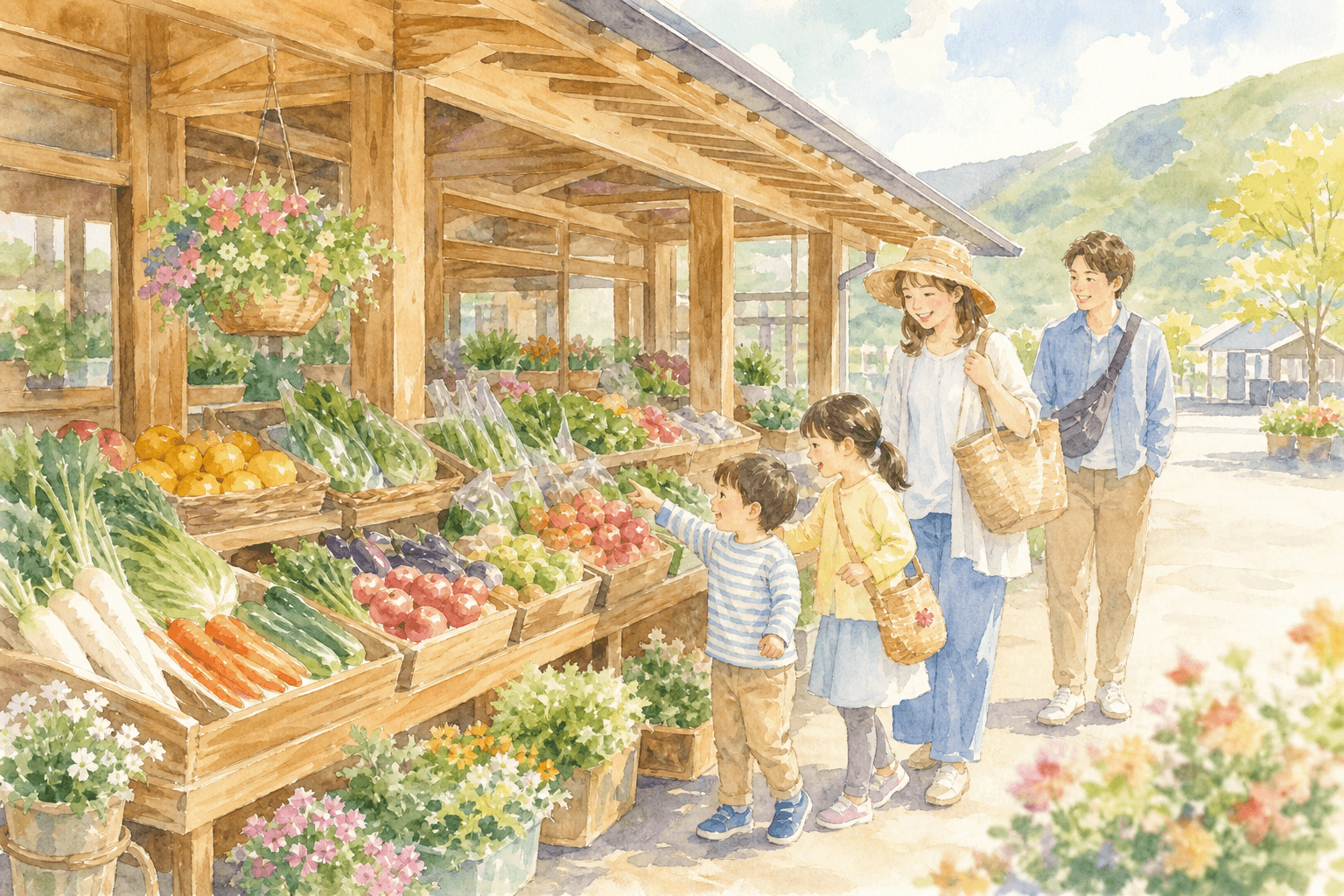 地元の新鮮野菜や特産品を眺めながら朝のひと買い物