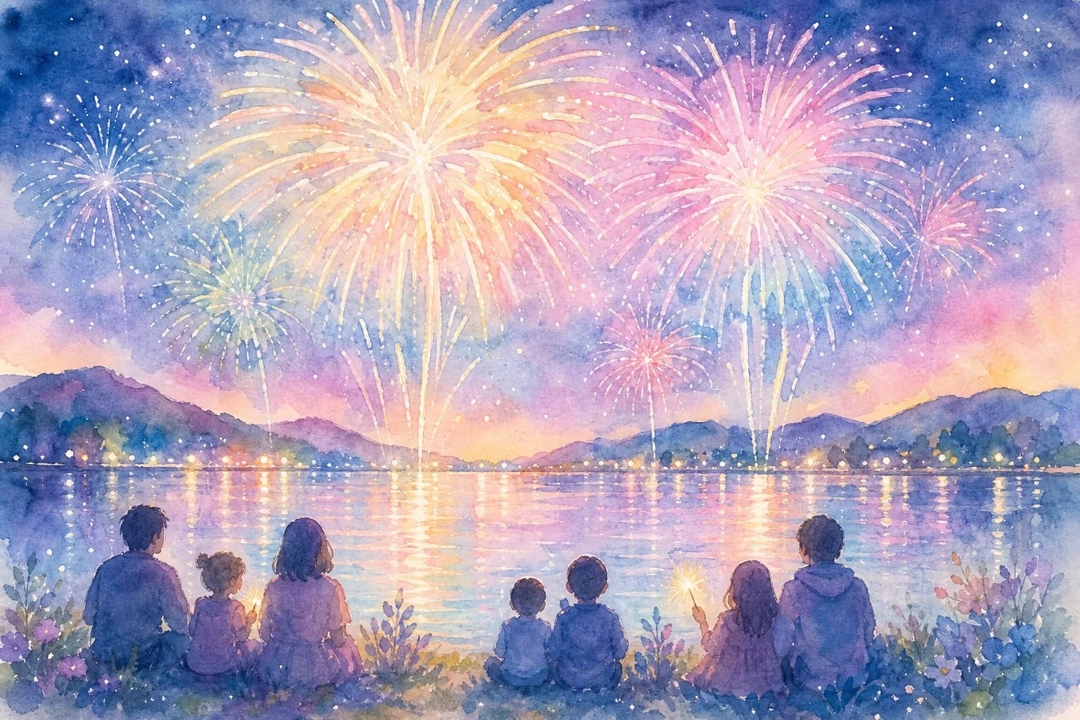静かな湖面に映る花火が夜空を彩る