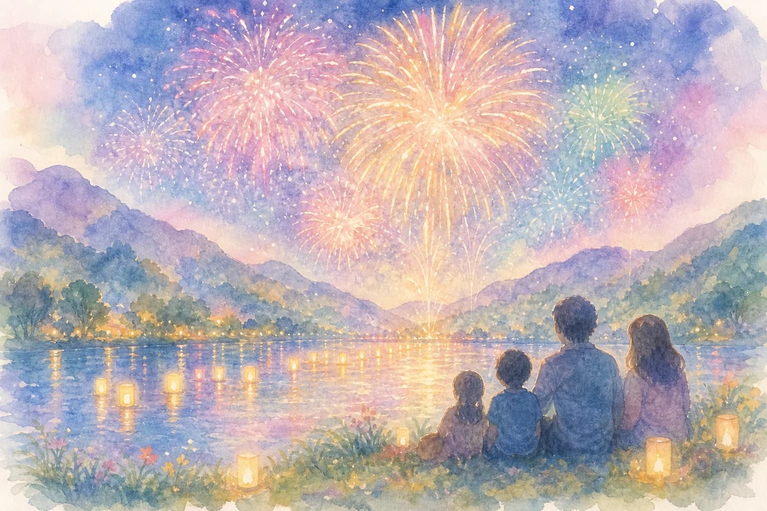 花火と灯籠流しを河川公園から観覧