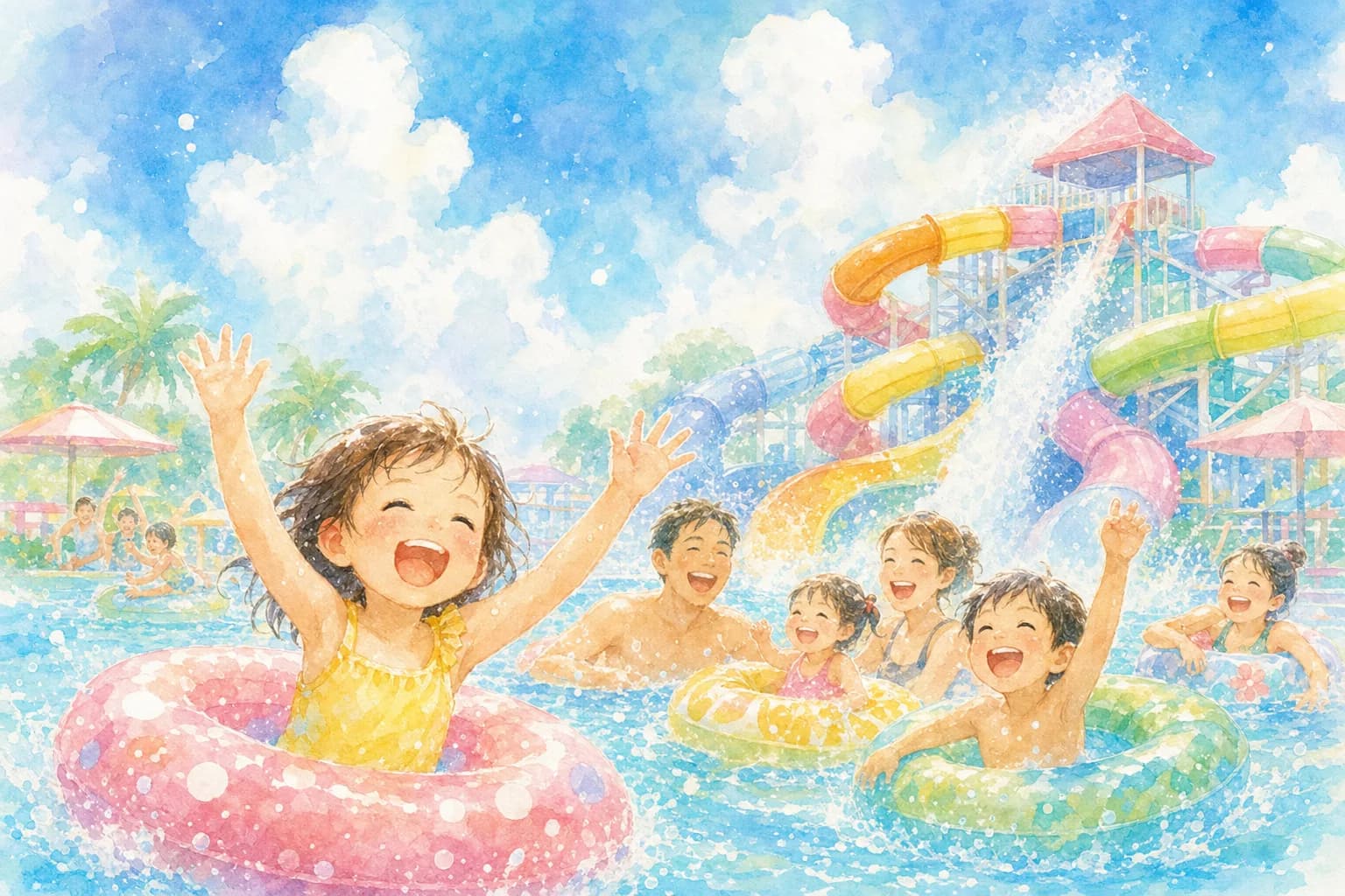 浅瀬プールとウォータースライダーで夕方まで水遊び