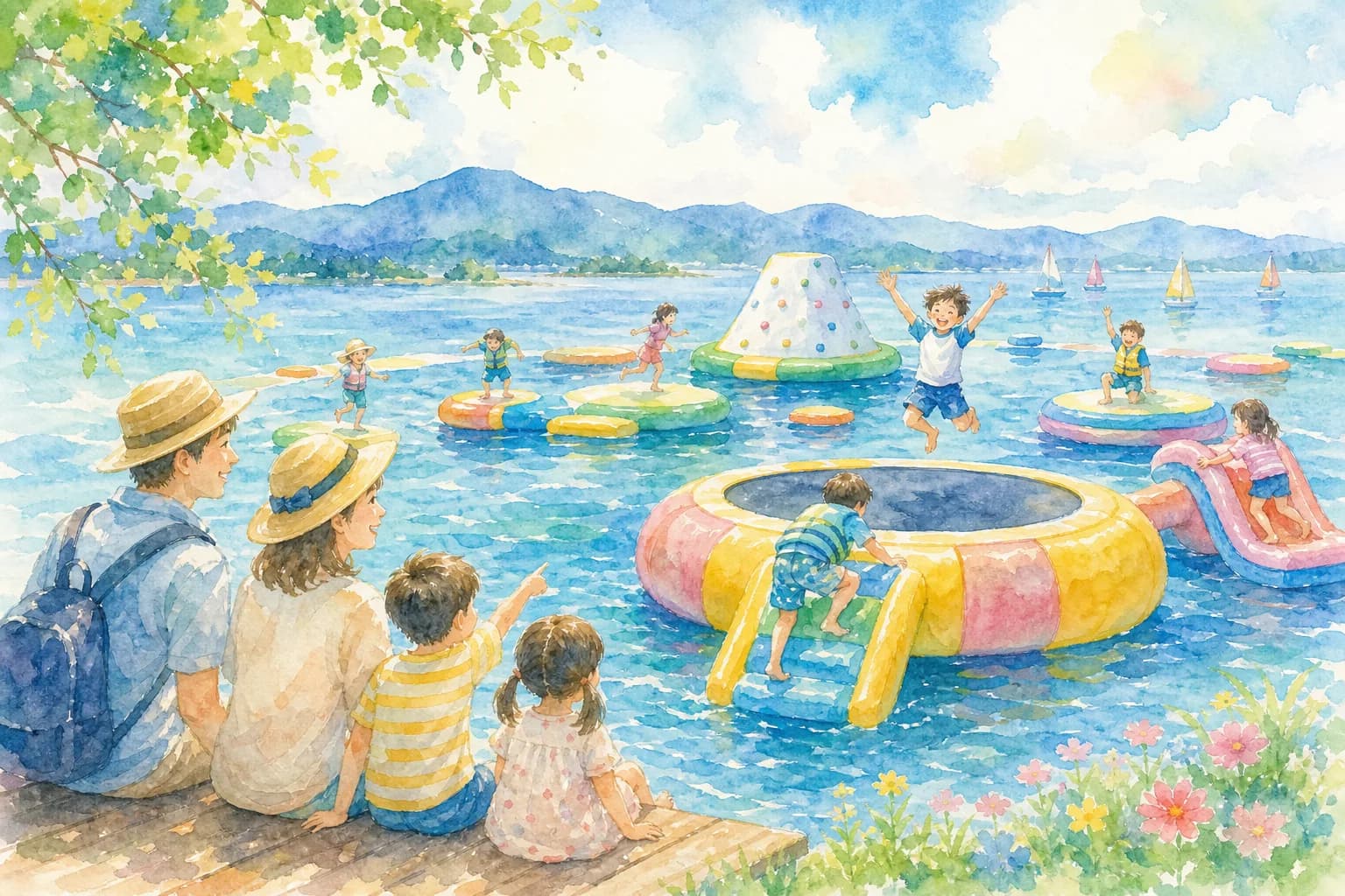 琵琶湖に浮かぶ水上アスレチックで夕方まで遊び尽くす