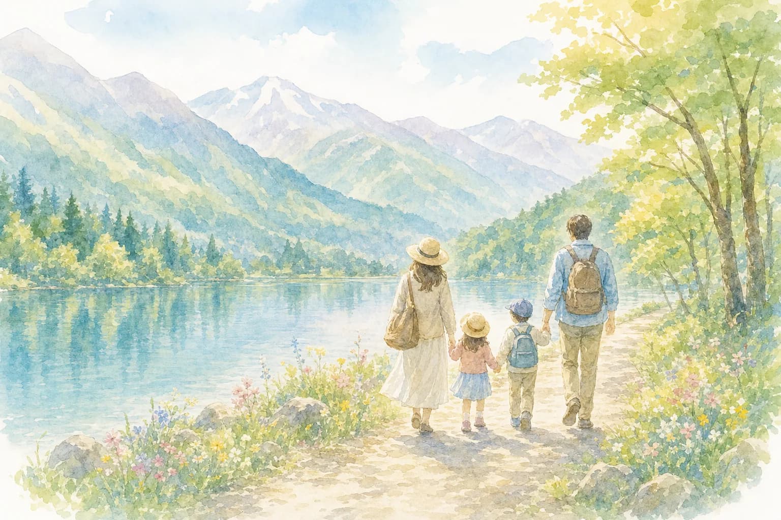 静かな湖面と周囲の緑を眺めながらのんびり過ごす