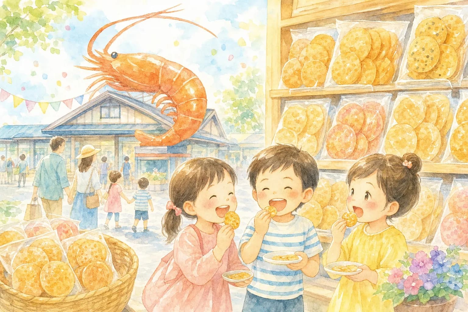 南知多名物のえびせんべいを試食しながらお昼の腹ごしらえ
