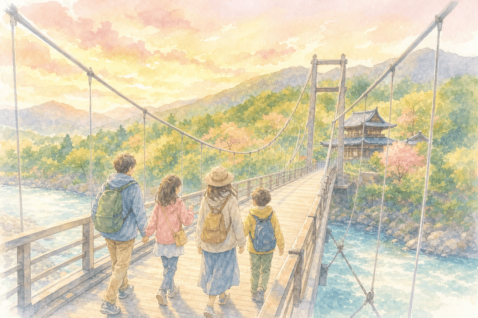 吊り橋の保良の宮橋を渡って古刹へ。静かな境内で一日を締めくくる