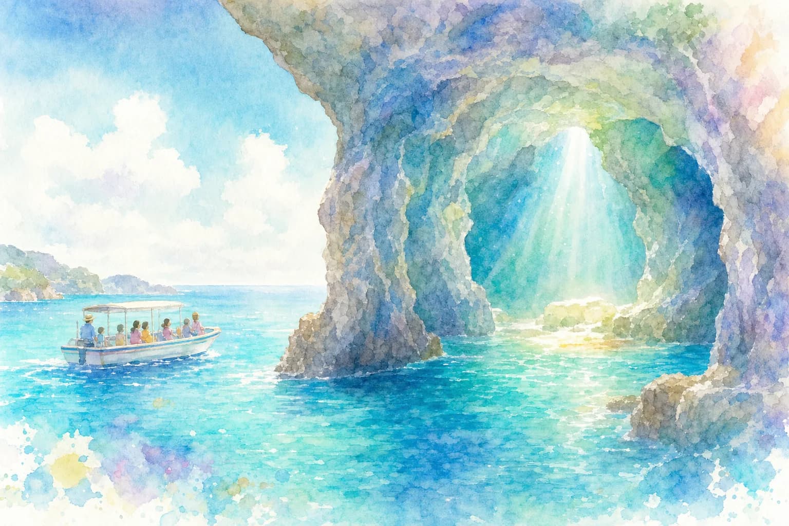 遊覧船で波が削った海食洞をめぐる