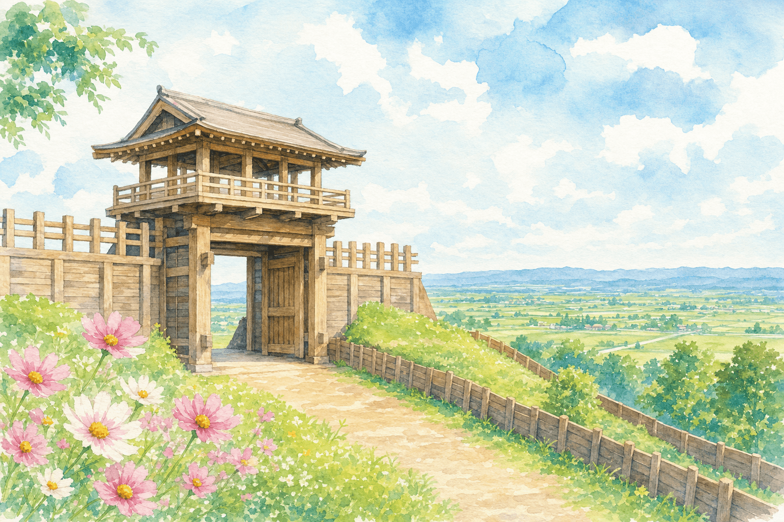 戦国期の城跡を復元した公園で、広い関東平野の眺めをのんびり楽しむ