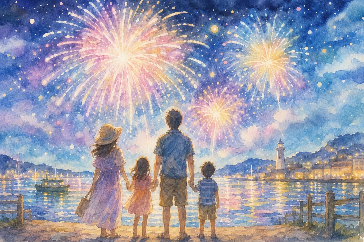 港周辺から、夜空と海面を彩る花火を観覧