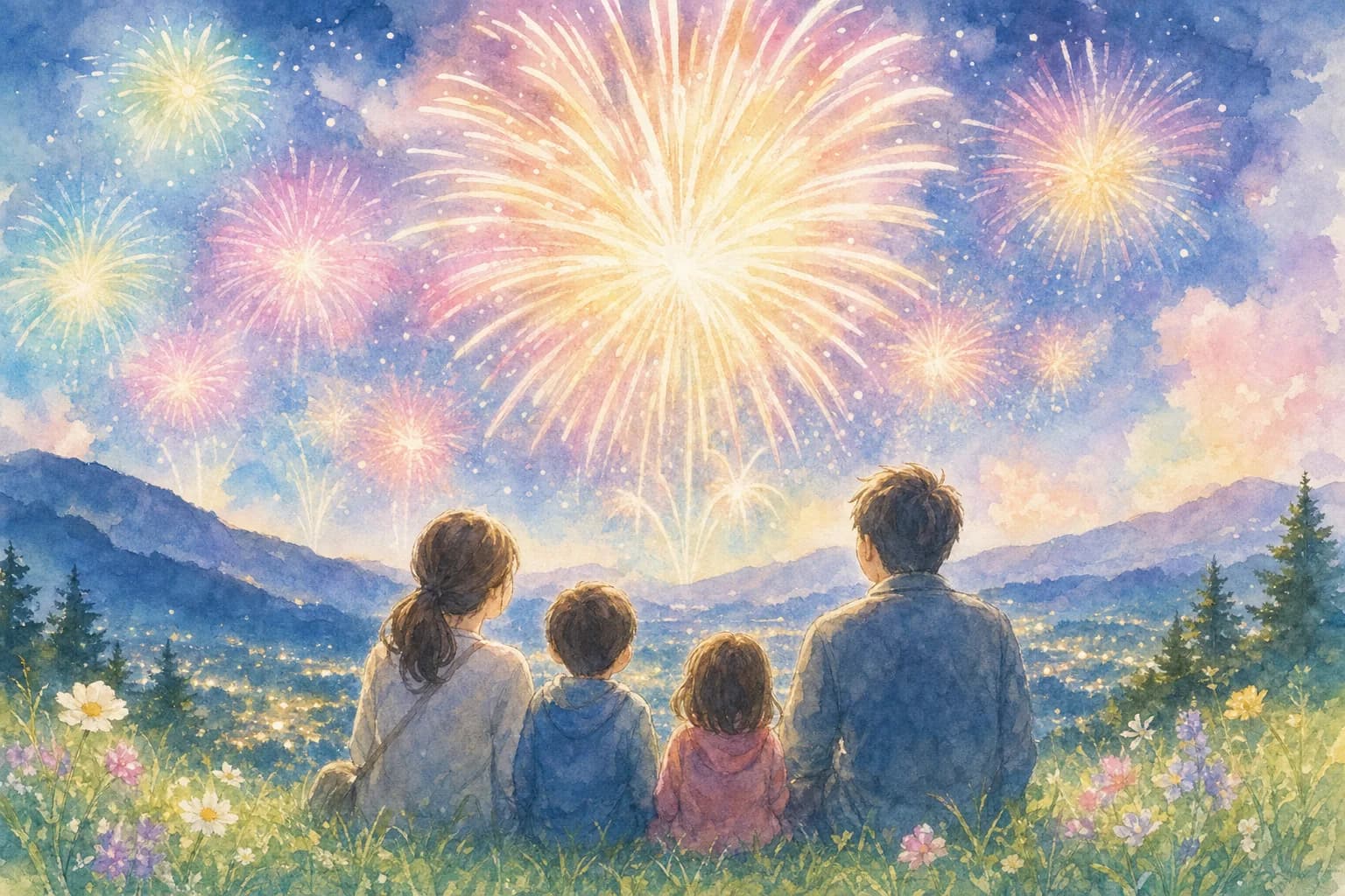 高原の夜空を彩る打ち上げ花火を観覧